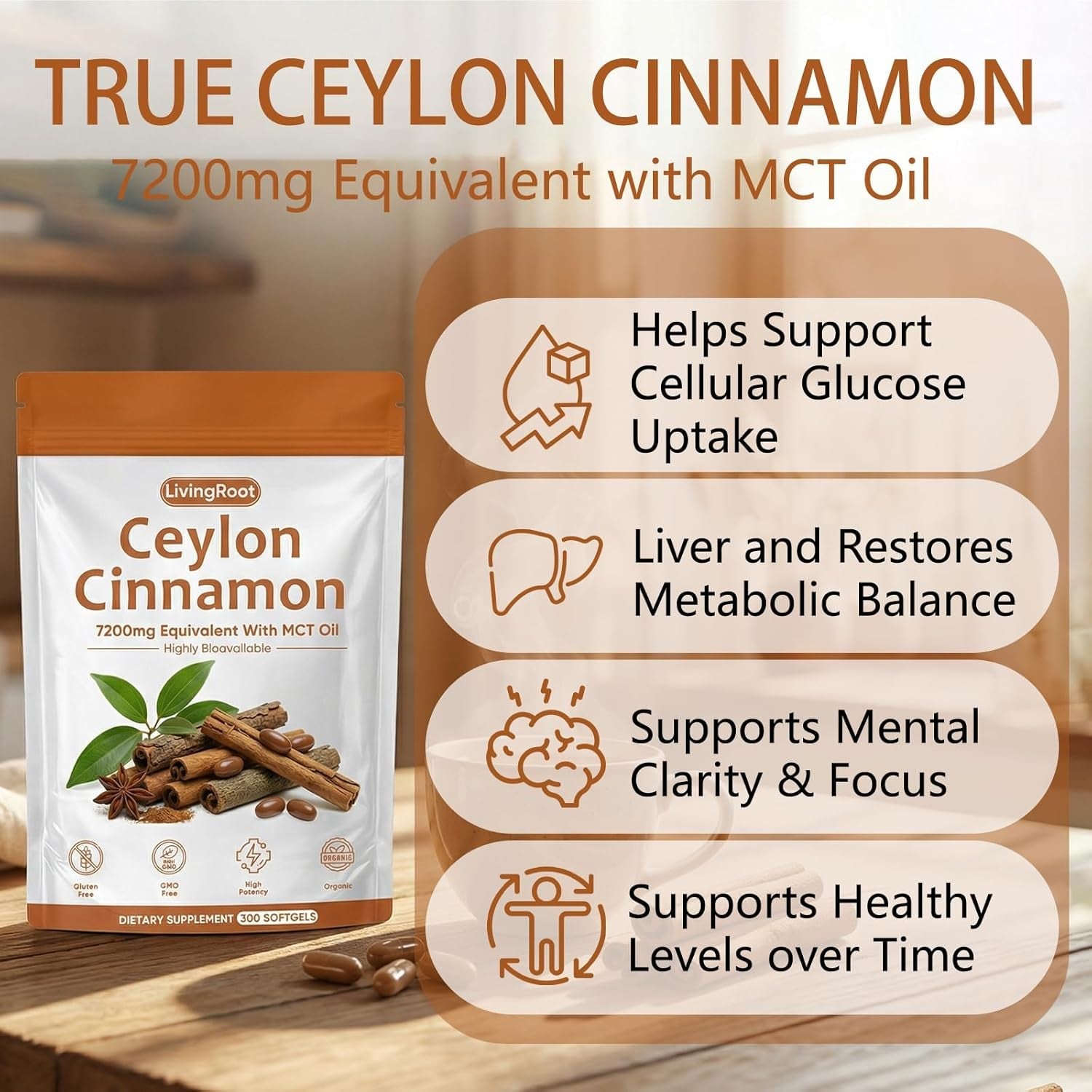 Living Root Ceylon Cinnamon - 300 Softgels 7200Mg Equivalent with MCT Oil, Livingroot Organic Ceylon Cinnamon Powder Supplement for Supports Metabolism, Liver Function & Energy (1)