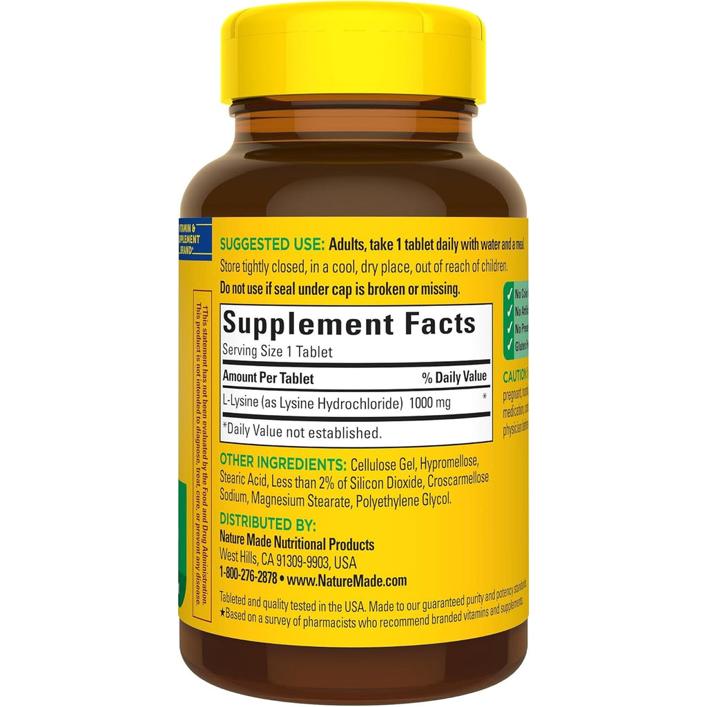 Nature Made L-Lysine 1000 Mg, Dietary L-Lysine Supplements, 60 Tablets, 60 Day Supply