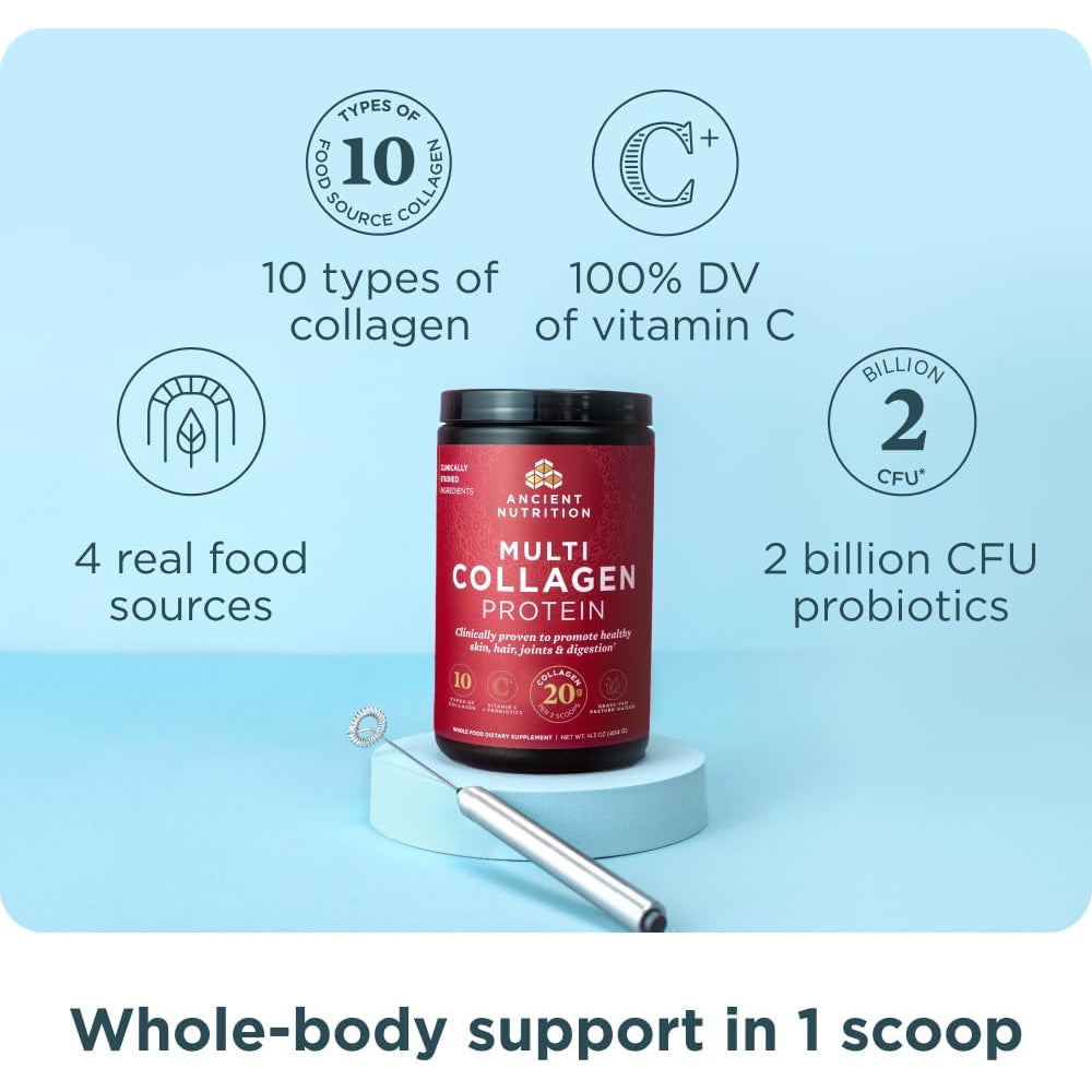 Ancient Nutrition Collagen Peptides Powder, Multi Collagen Protein, Women & Men, Vitamin C, Probiotics, Hydrolyzed Collagen, Supports Skin, Joints, Gut Health, Unflavored, 40 Servings