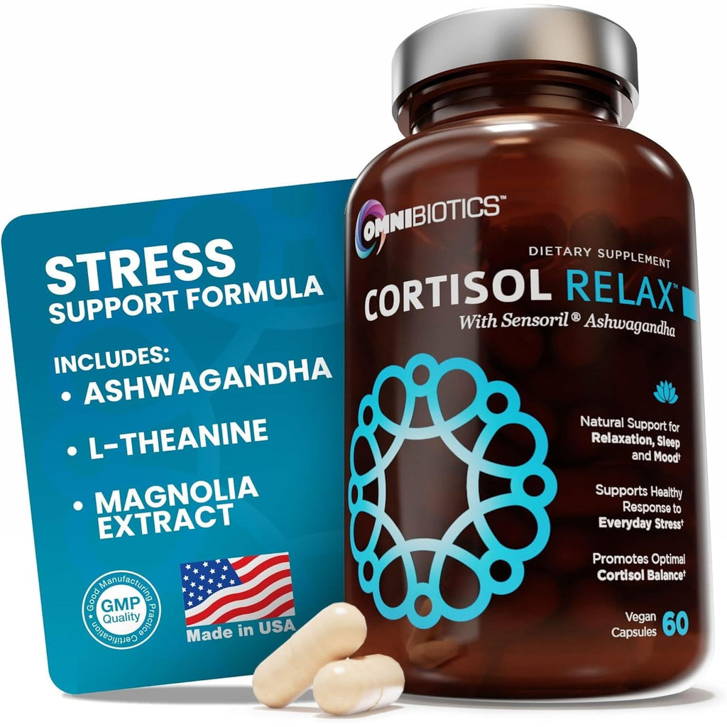 Omnibiotics Cortisol Supplement for Women and Men - High Cortisol Manager with Ashwagandha, L-Theanine, Magnolia Extract, Phosphatidylserine to Support Relaxation, Calm, Detox - 60 Vegan Capsules