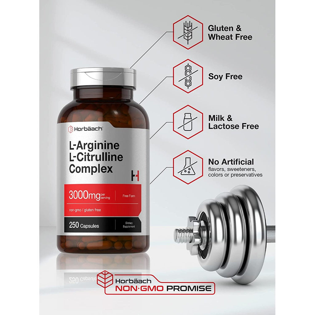 Horbäach L-Arginine L-Citrulline Complex | 3000Mg | 250 Capsules | Non-Gmo, Gluten Free Supplement