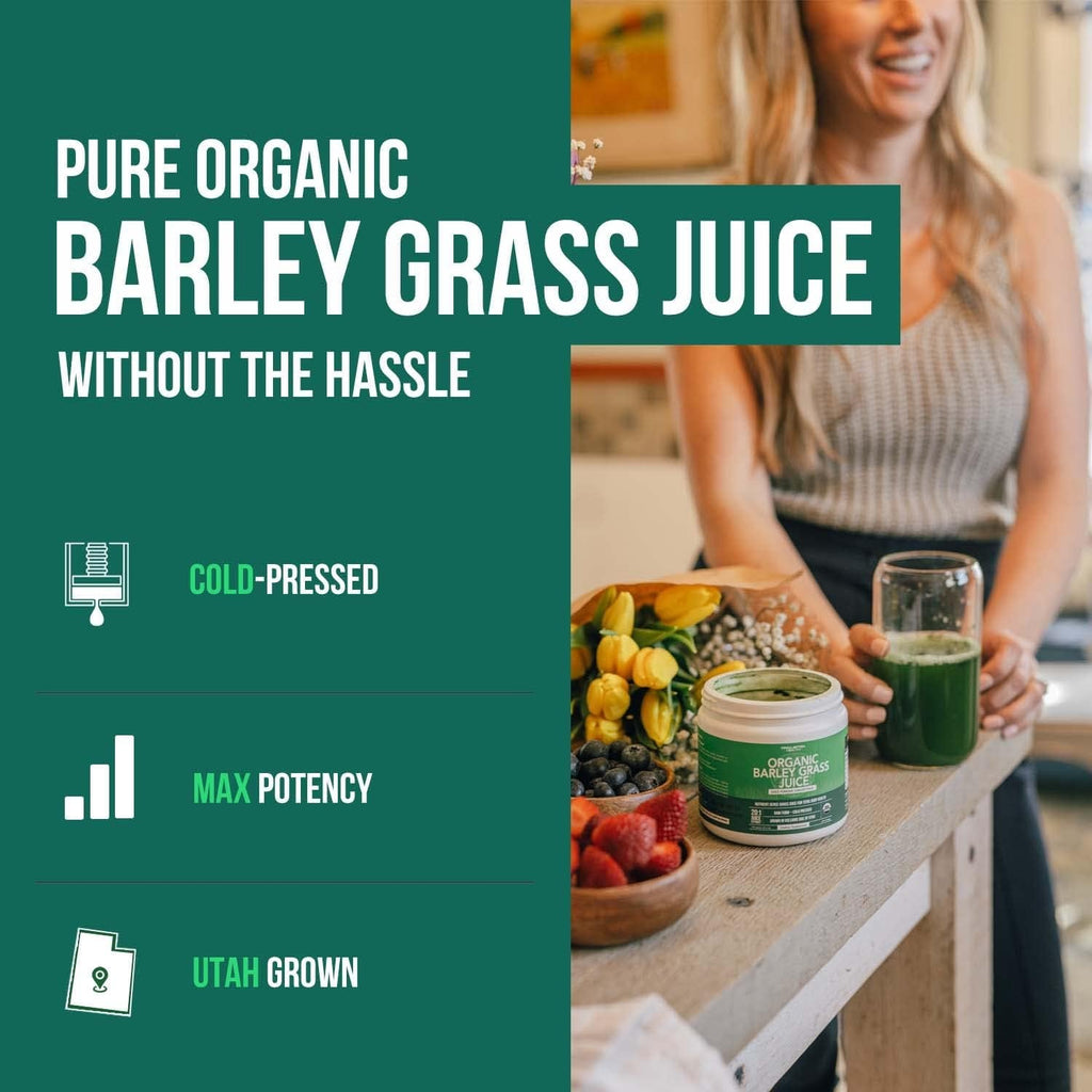 Organic Barley Grass Juice Powder - Grown in Volcanic Soil of Utah - Raw & Bioactive Form, Cold-Pressed Then CO2 Dried – Gluten Free, GMO Free, Vegan - Complements Wheatgrass Juice Powder - 5.3 Oz