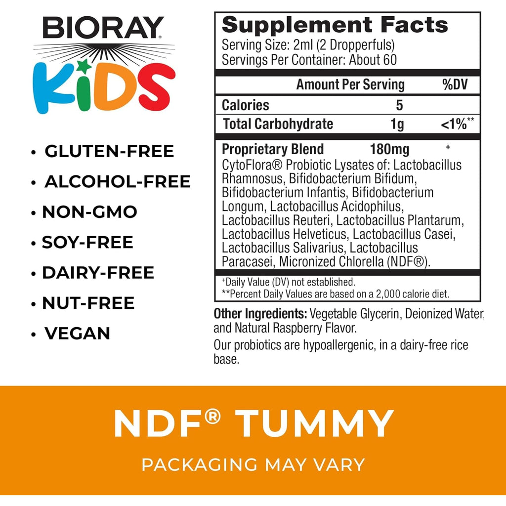 BIORAY Kids NDF Tummy, Raspberry - 4 Fl Oz (120 Ml) - 11-Strain Probiotic Blend - Supports the Immune Response in the GI Tract - Non-Gmo, Vegan, Gluten Free - Approx. 120 Servings