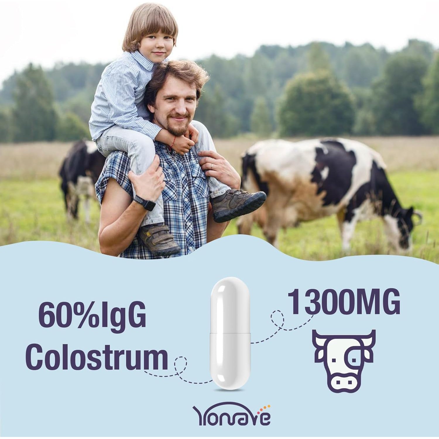 Yonrave Bovine Colostrum Capsules Supplement 1300Mg - Extra High 60% Igg Bovine Colostrum - Gut, Bone, Exercise, Immune - 60 Capsules