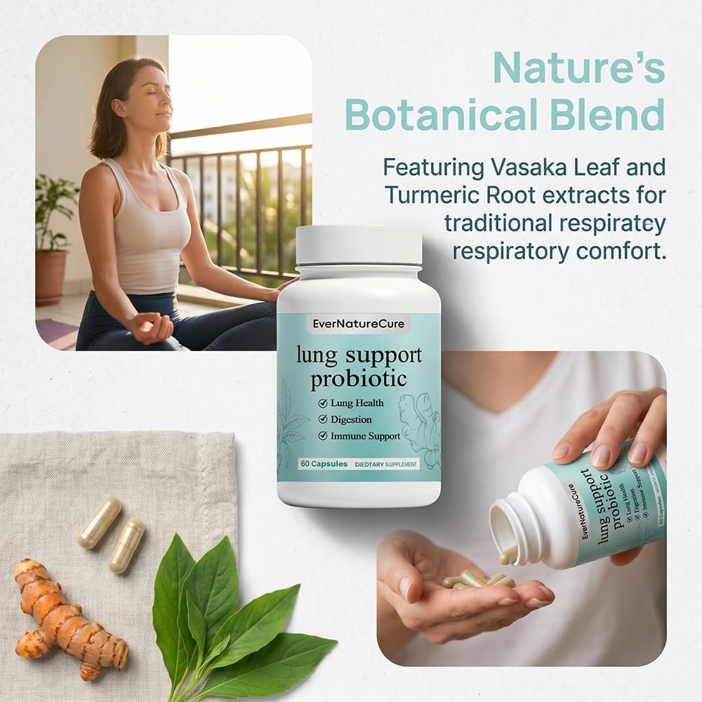 Evernaturecure Lung Support Probiotics, Ever Nature Cure Respiratory & Immune Support Supplement, with Vasaka Leaf & Turmeric Root Extract, 60 Capsules