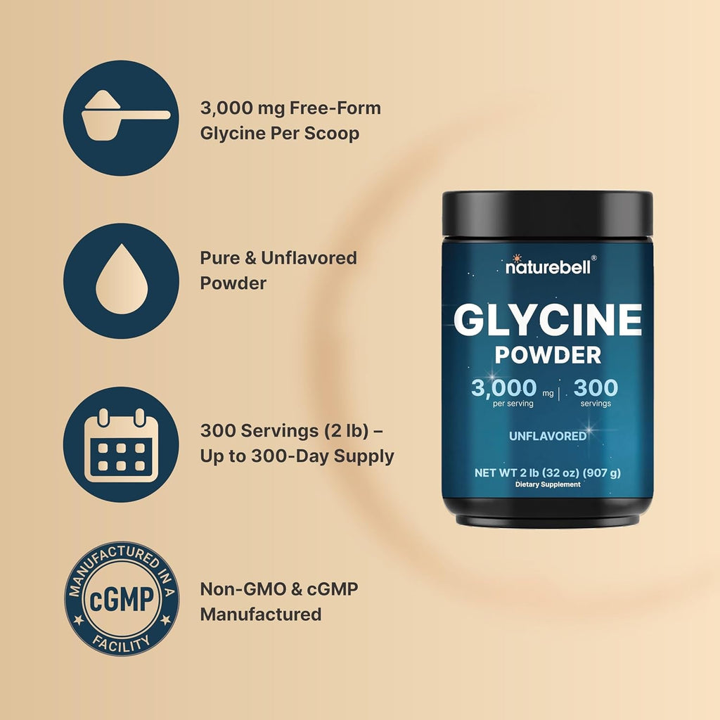 Glycine Powder, 300 Servings (2 Lb) – 3,000 Mg Free-Form Glycine per Serving – Unflavored Pure Powder – Non-Gmo, Cgmp Manufactured