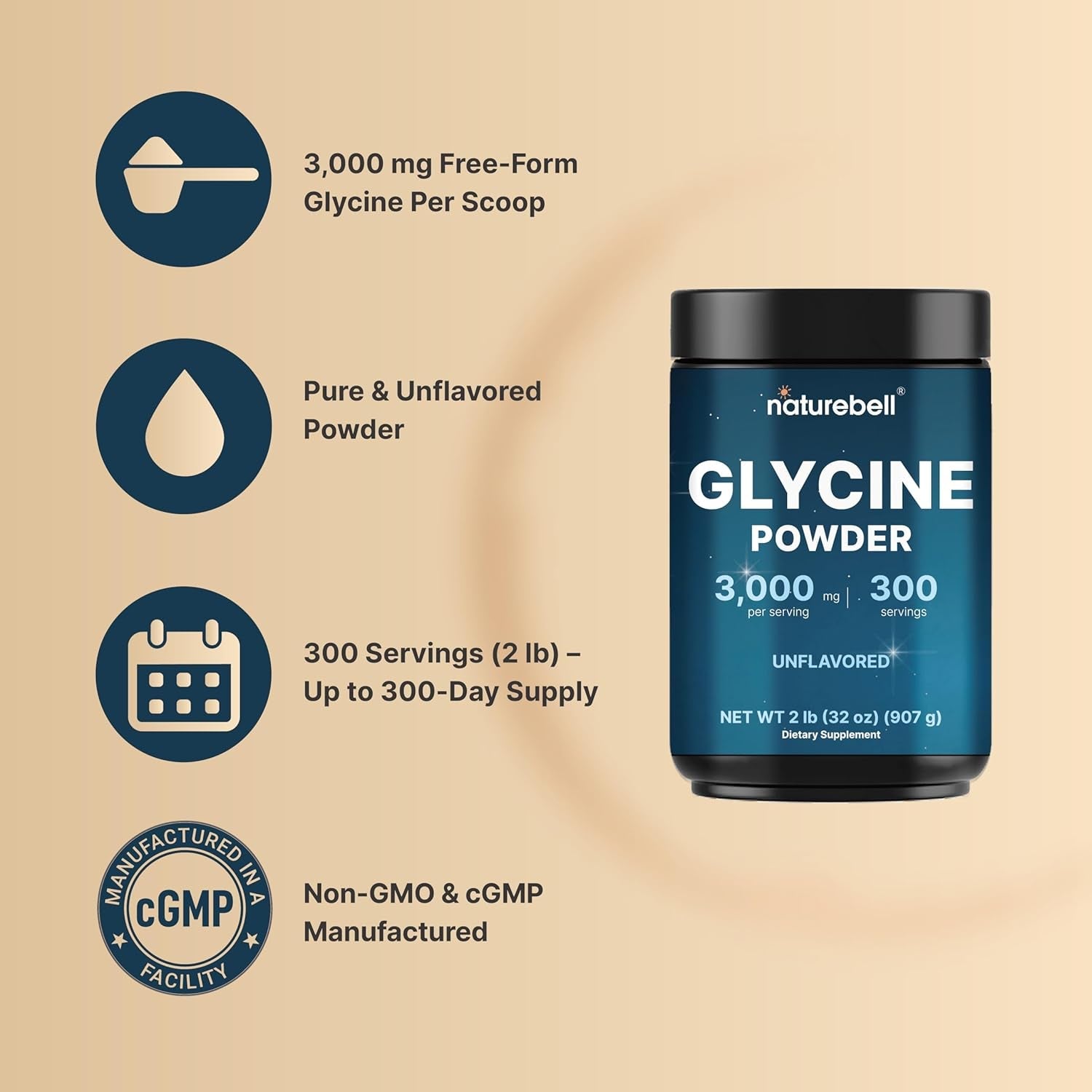 Glycine Powder, 300 Servings (2 Lb) – 3,000 Mg Free-Form Glycine per Serving – Unflavored Pure Powder – Non-Gmo, Cgmp Manufactured