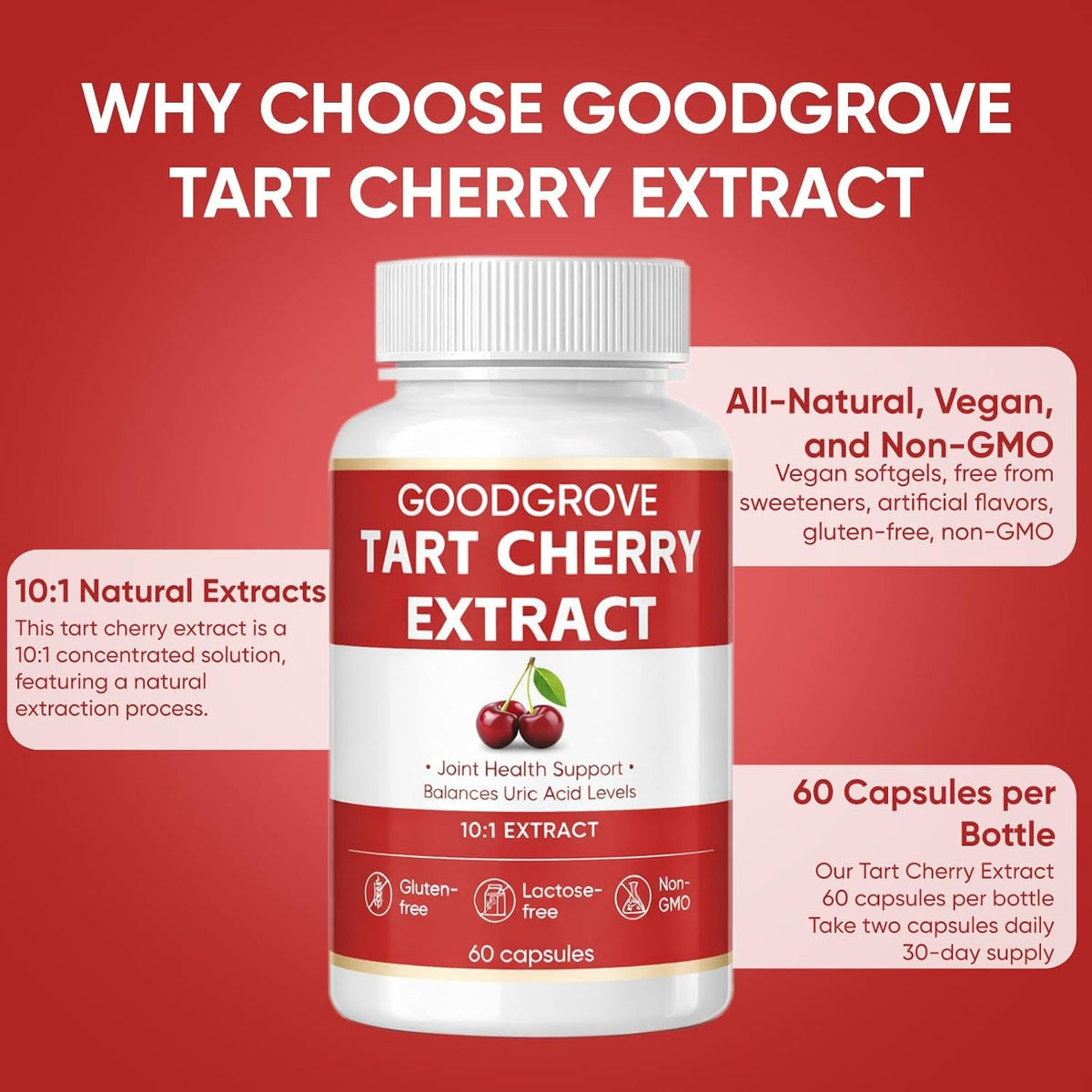 Good Grove Tart Cherry Extract, Tart Cherry, Supports Joint Comfort | Daily Wellness, Vegan Non-Gmo, 60 Capsules