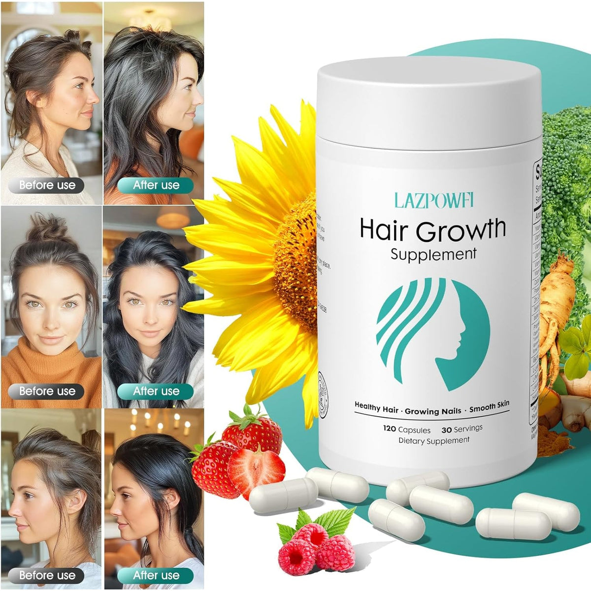 Hair Growth Products, Biotin 10000Mcg, 30-In-1 with Vitamin A, B3, C, D, E, Calcium, Hair Growth Supplement, Supports Hair & Nails Natural Growth Vitamins, for Women & Men - 30 Servings