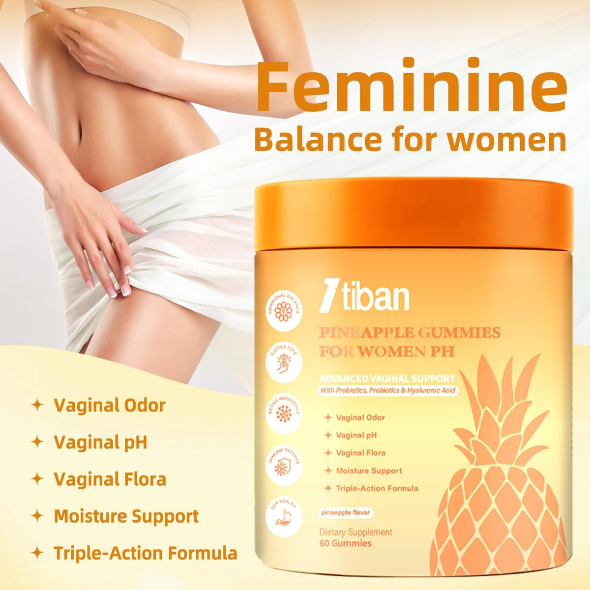 Pineapple Gummies for Women Ph, Premium Feminine Ph Balance Gummy, Vaginal Probiotics, Immune Support, Vegan, Gluten-Free, 60 Gummies 30 Servings