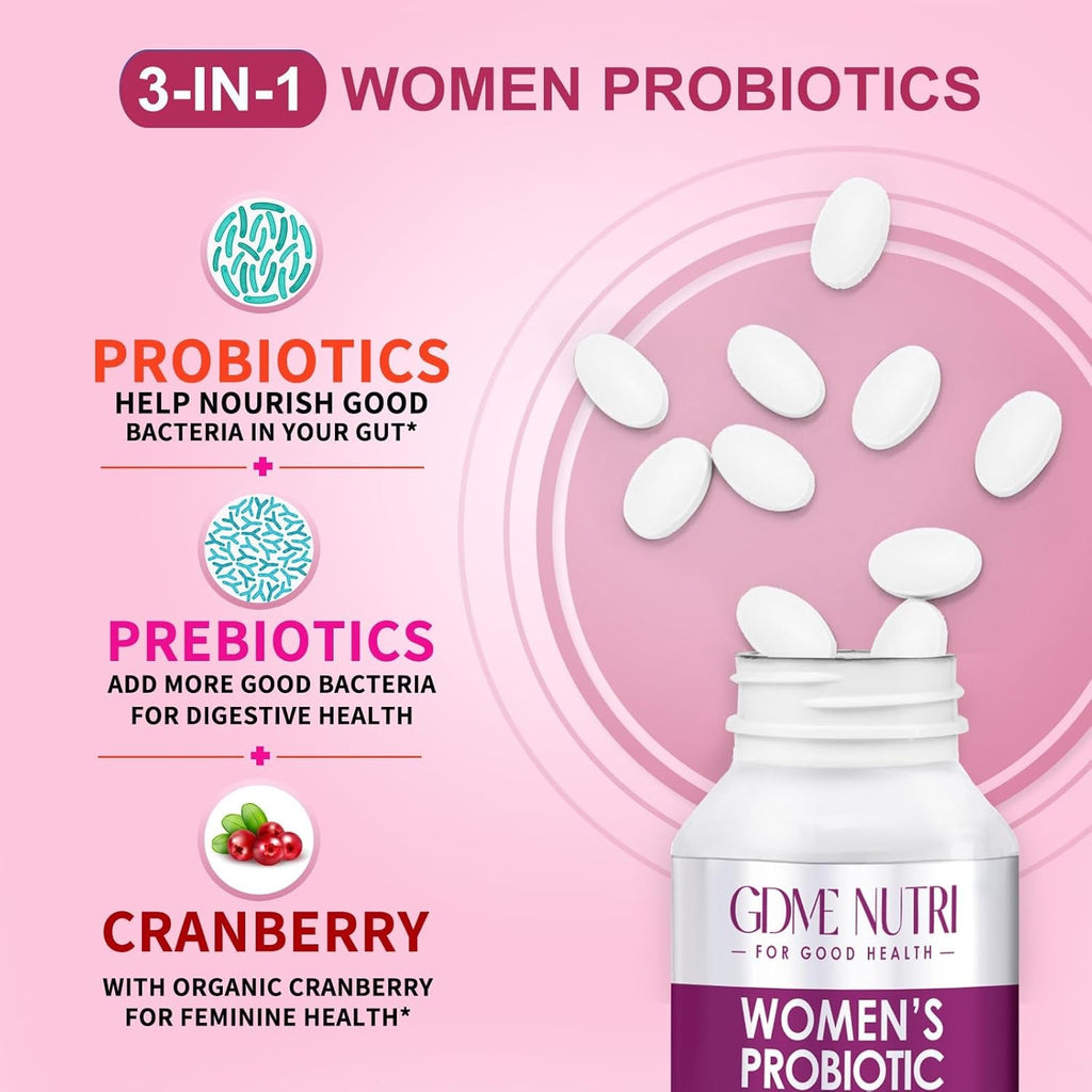 Women'S Probiotics, 120 Tablets 120 Billion CFU 18 Strains, Contains Organic Prebiotic Cranberry, Probiotic Supplement for Digestion, Immunity, Women'S Health, Soy Gluten Dairy Free