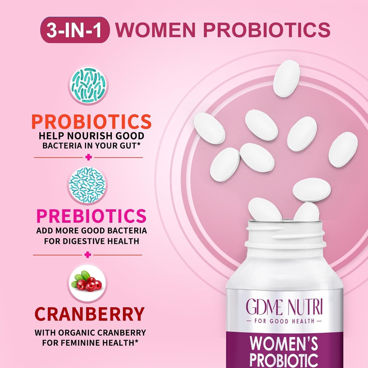 Women'S Probiotics, 120 Tablets 120 Billion CFU 18 Strains, Contains Organic Prebiotic Cranberry, Probiotic Supplement for Digestion, Immunity, Women'S Health, Soy Gluten Dairy Free