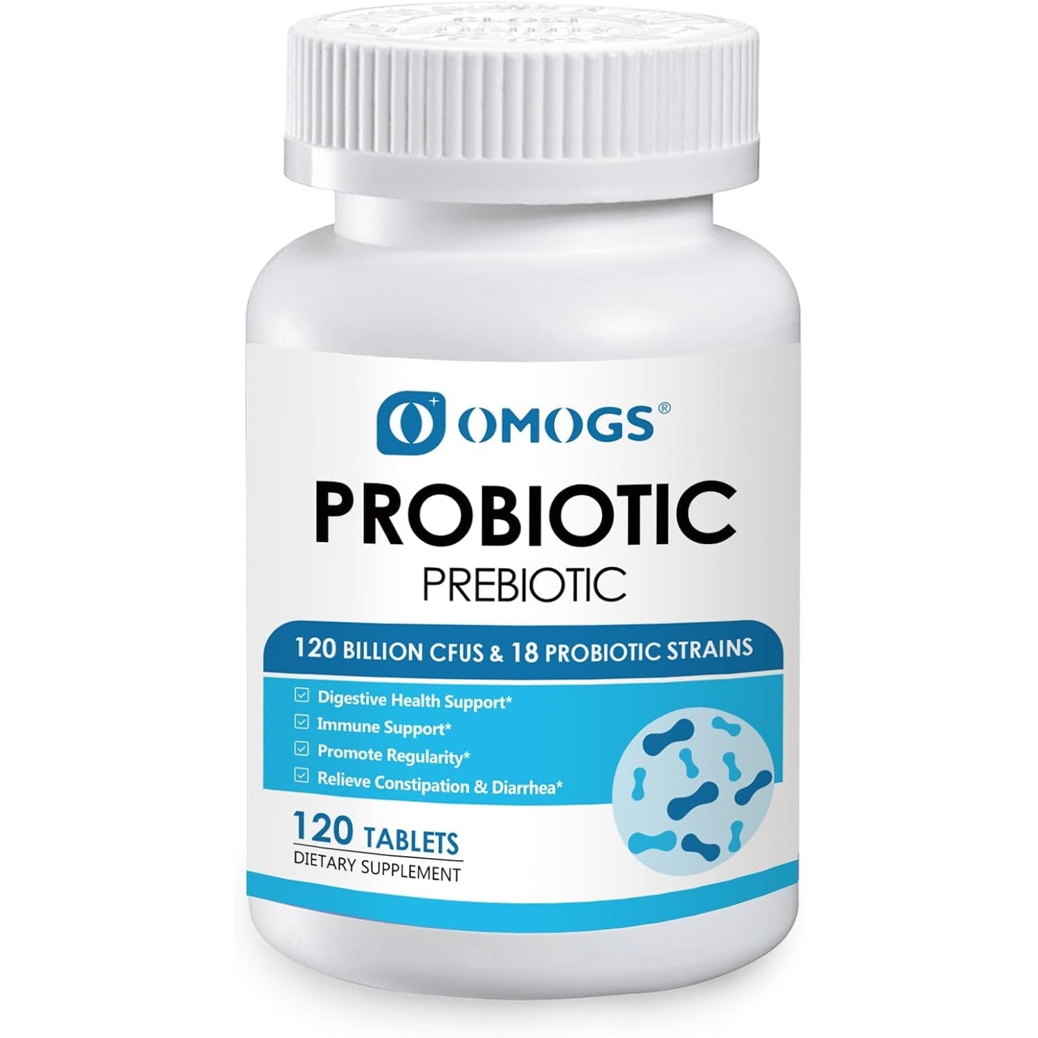 OMOGS Probiotics 120 Billion Cfus 18 Strains,With 3 Organic Prebiotics & Vitamin C,Nutritional Supplement for Women,Men & Kids,Support Metabolism,Immunity and Digestive Health,Non-Gmo, 120 Tablets