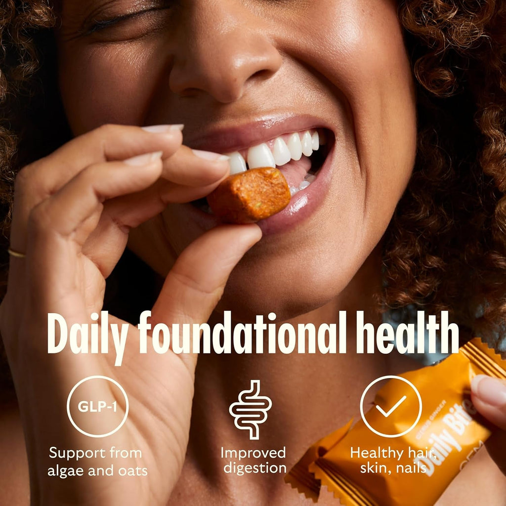 GEM Daily Bite for Women & Men, with 20+ Vitamins, Minerals, & Superfoods like Zinc, Vitamin D, B-Complex, K, Turmeric, Fiber & Prebiotics, Beta Glucan GLP-1 Support & Immunity (Citrus Ginger,7 Count)