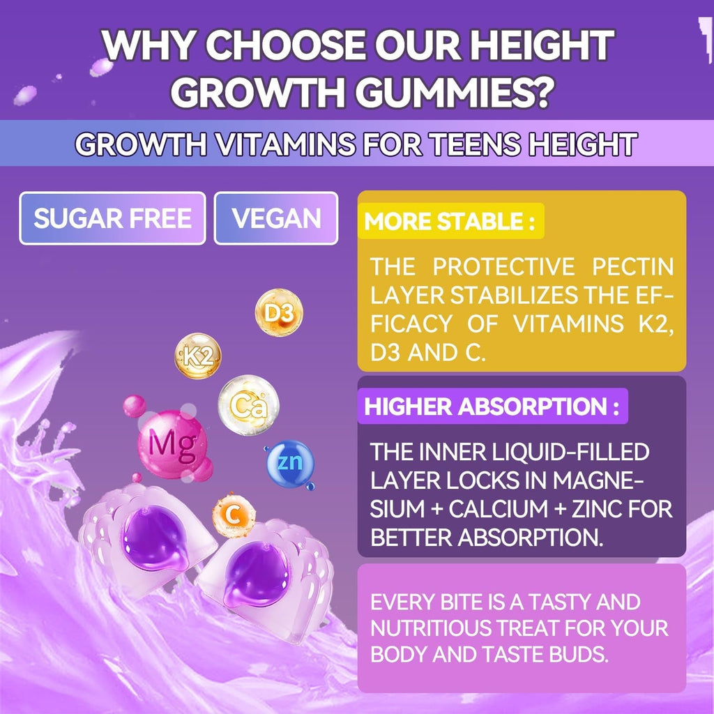 Height Growth Gummies for Kids & Teens - Calcium, Vitamin D3 + K2, Zinc, Magnesium, L-Arginine - Teen Multivitamin Gummies for Children Bone Strength and Immunity - 60 Gummies
