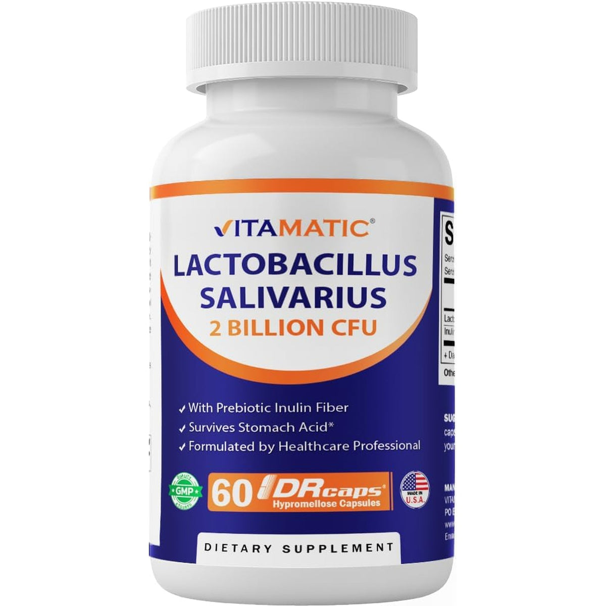 Vitamatic Lactobacillus Salivarius 2 Billion per DR Capsule - 60 Count - Digestive Support - Made with Prebiotic Inulin Fiber (1 Bottle)