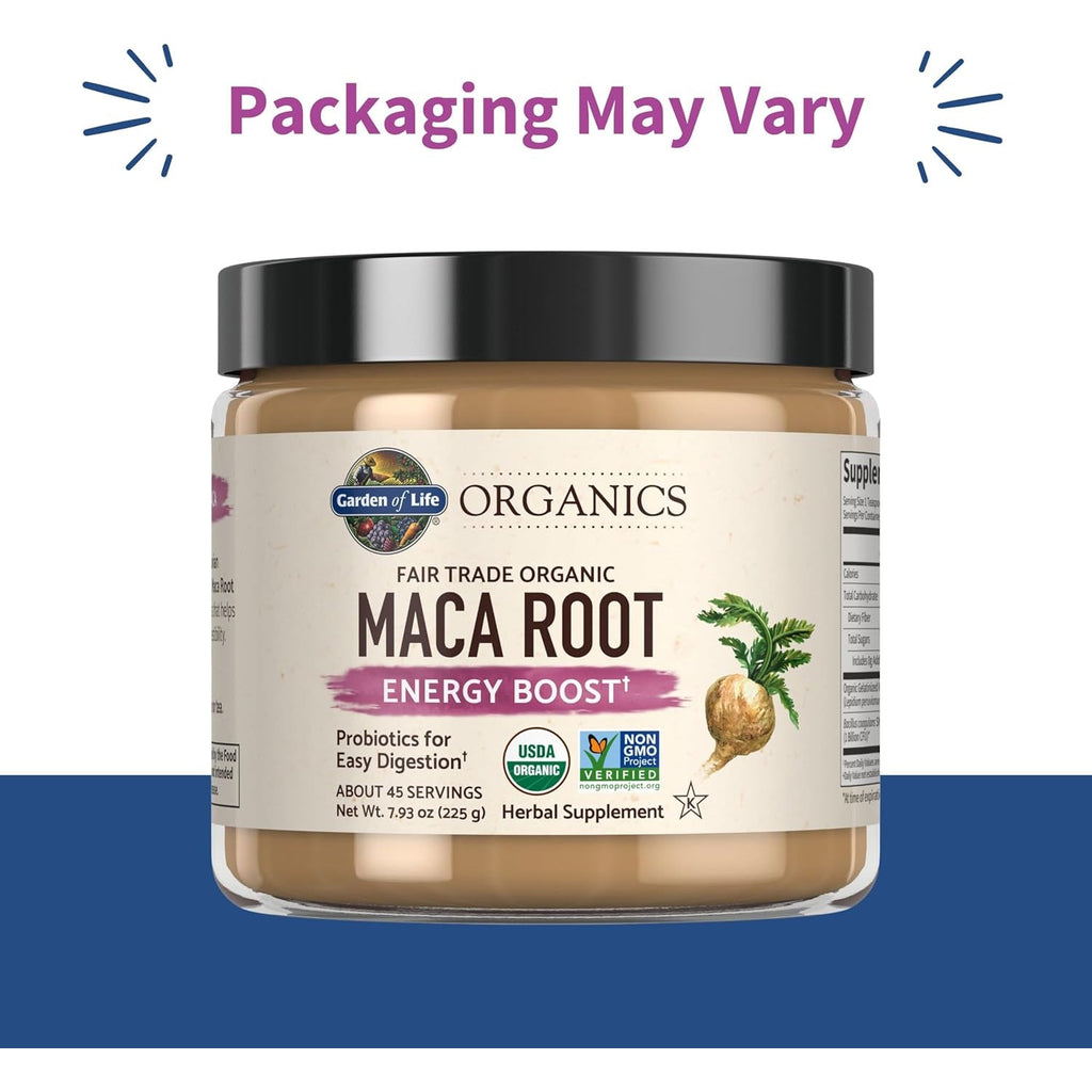 Garden of Life Organics Fair Trade Gelatinized Peruvian Maca Root Energy Boost 7.93 Oz (225G) Powder with Probiotics, Certified Organic, Non-Gmo, Vegan & Gluten Free Herbal Supplements