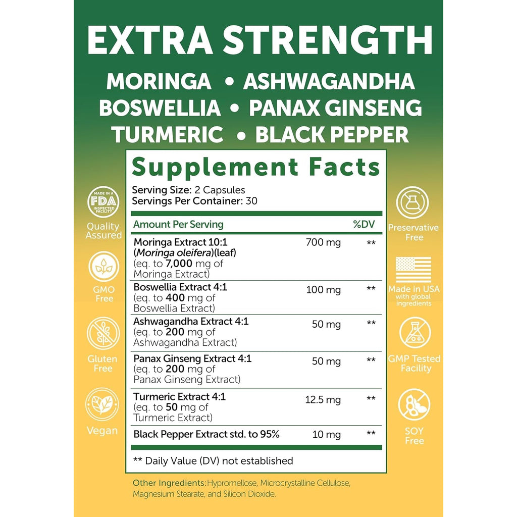 Lunakai USA Made Pure Moringa Capsules – Advanced Moringa Leaf Extract Supplement with Ashwagandha, Boswellia, Ginseng & Turmeric, 60Ct