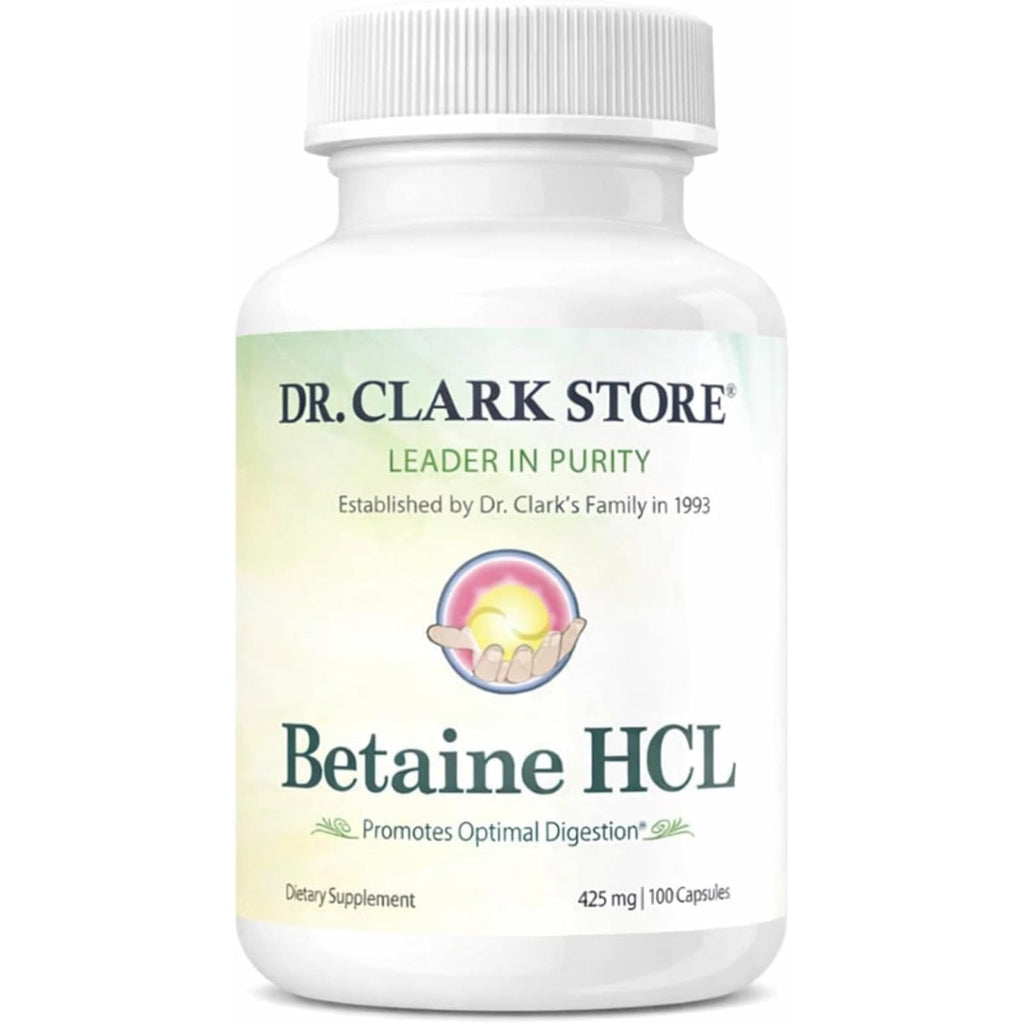 Dr. Clark Betaine HCL Digestive Enzymes - Acid Reflux Medicine, Hydrochloric Acid Protein Supplement, Optimal Digestion Formula, 100 Gelatin Capsules, 425 Mg