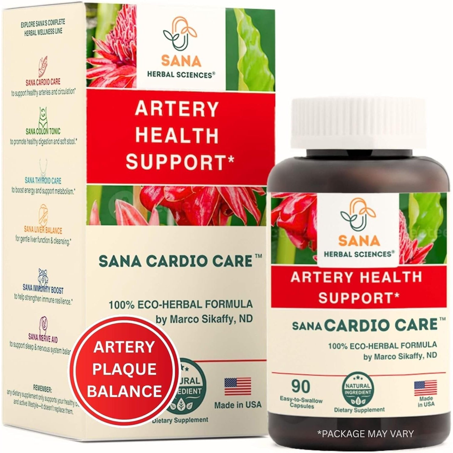 Artery Plaque Removal Formula | 4-Element All-Natural Supplement to Support Blood Pressure, Healthy Cholesterol, and Heart Rhythm | 90 Easy-To-Swallow Capsules | by Sana Herbal
