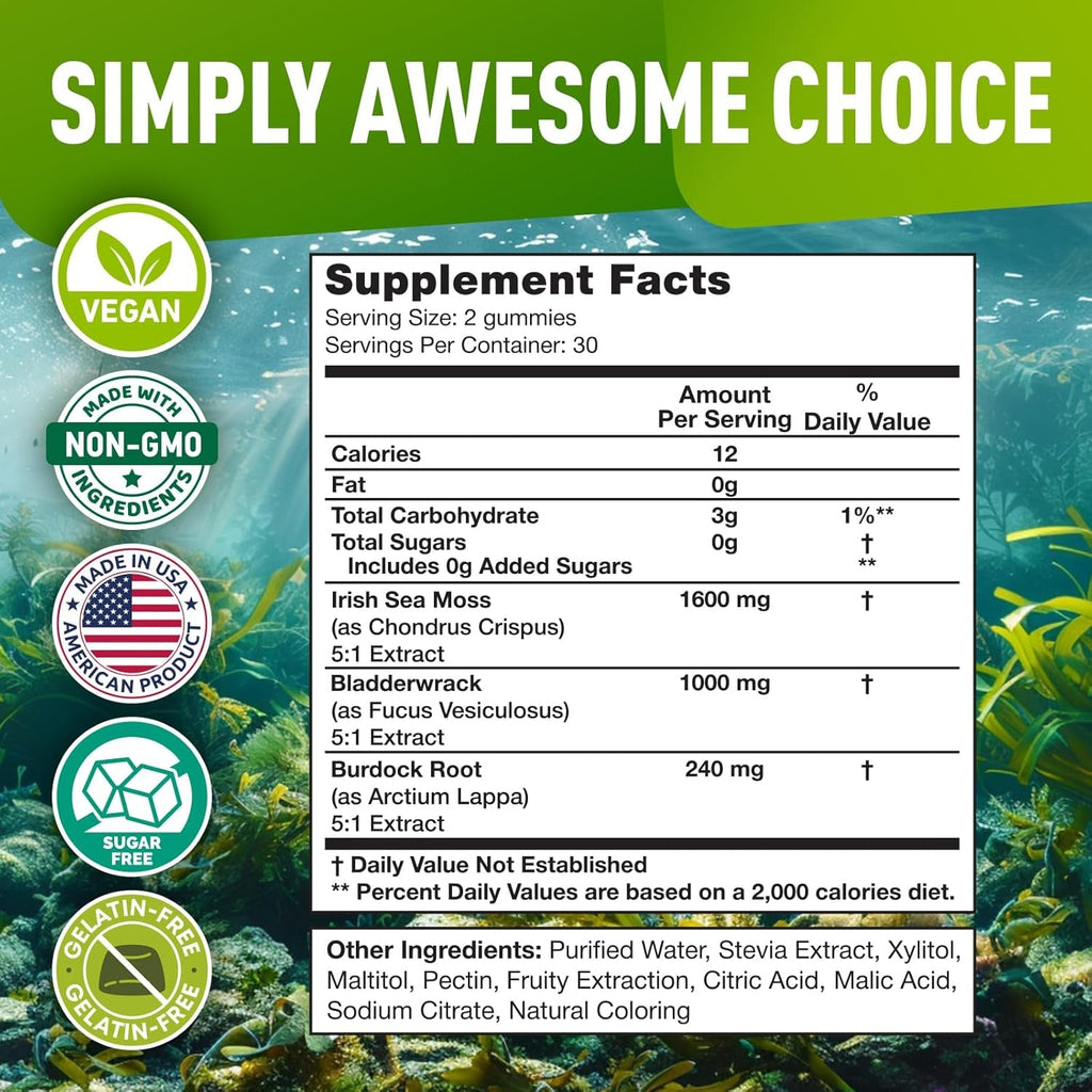 Biovit Sea Moss Gummies - Wildcrafted Irish Sea Moss for Adults & Kids - Seamoss Gel with Bladderwrack & Burdock Root Extract - 60 Vegan Gummies