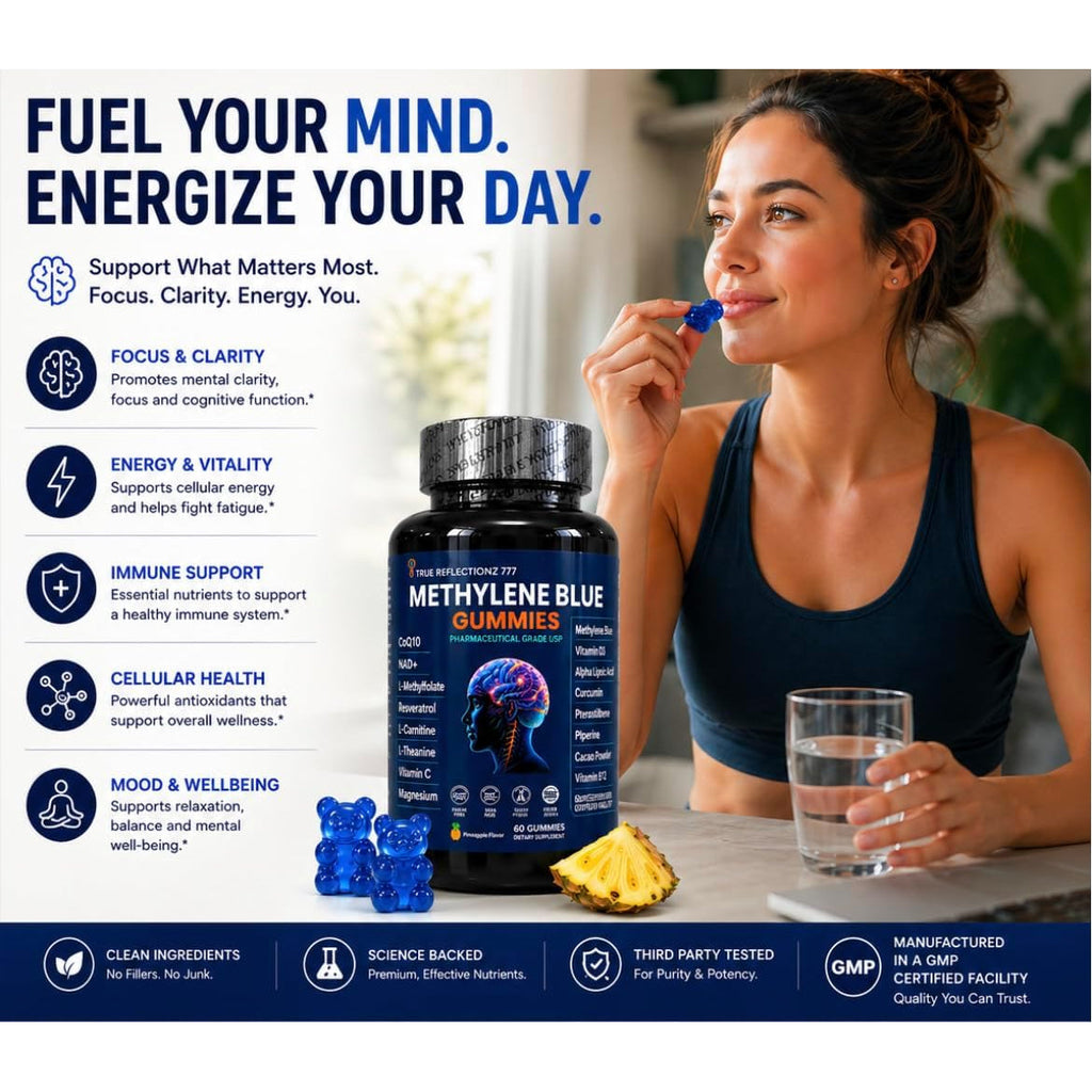 Methylene Blue Gummies 12Mg Cognitive Support W/Added Vitamin C, NAD,L Methylfolate, Methylcobalamin B12, Mitochondrial Support, Brain Health & Focus, Clarity, Methylated Vitamins