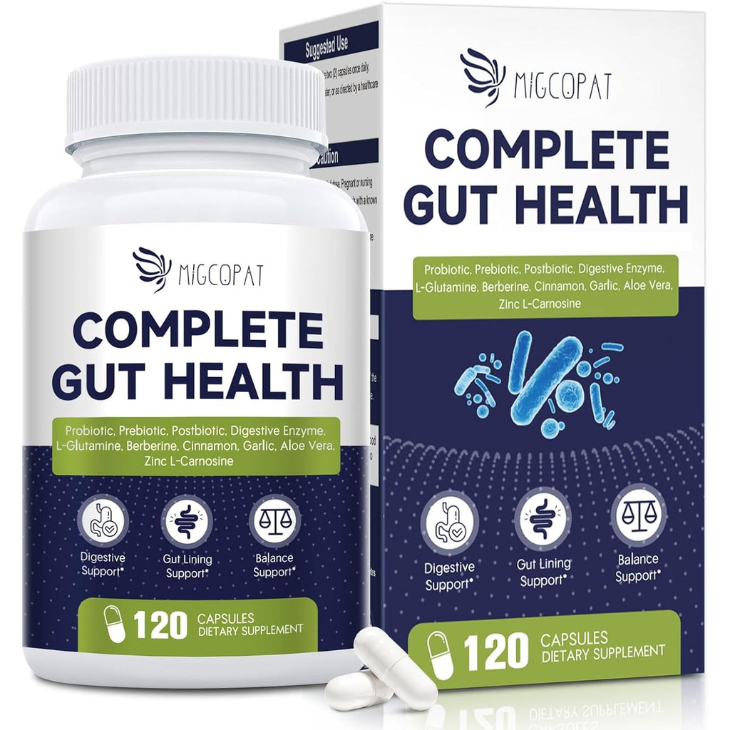 Migcopat Probiotic Prebiotic, Postbiotic & Digestive Enzymes for Digestive Health, 80 Billion CFU Probiotics Complete Gut Support with Berberine, Cinnamon, L-Glutamine, for Men & Women, 120 Capsules
