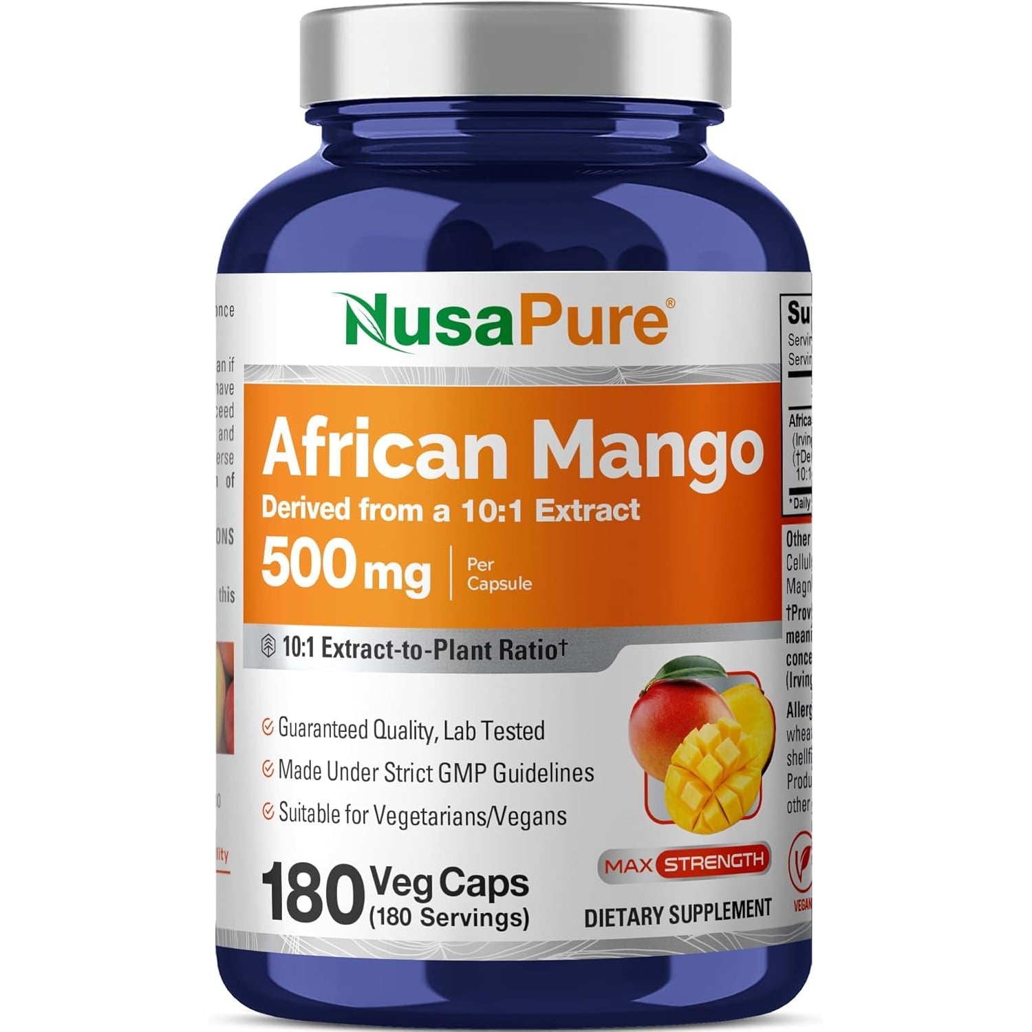 Nusapure African Mango, 500 Mg, 180 Veg Capsules (Non-Gmo, Vegan)