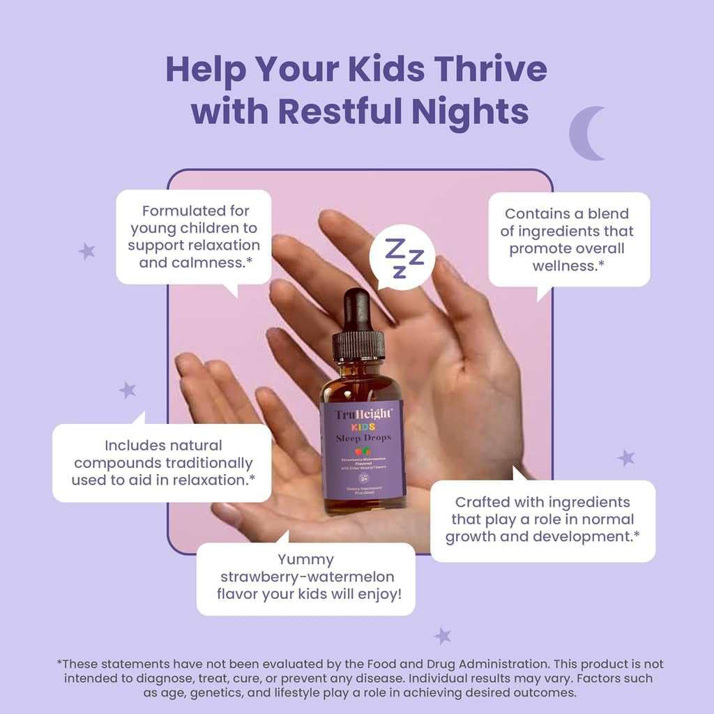Truheight Kids Sleep Tincture Ages 2+ (Watermelon Flavor) - Babies, Toddlers & Kids Natural Sleep Aid - Baby, Toddler, Child Melatonin 2 Year Old+ - Vitamin B6, Riboflavin, Zinc, Copper, Lemon Balm