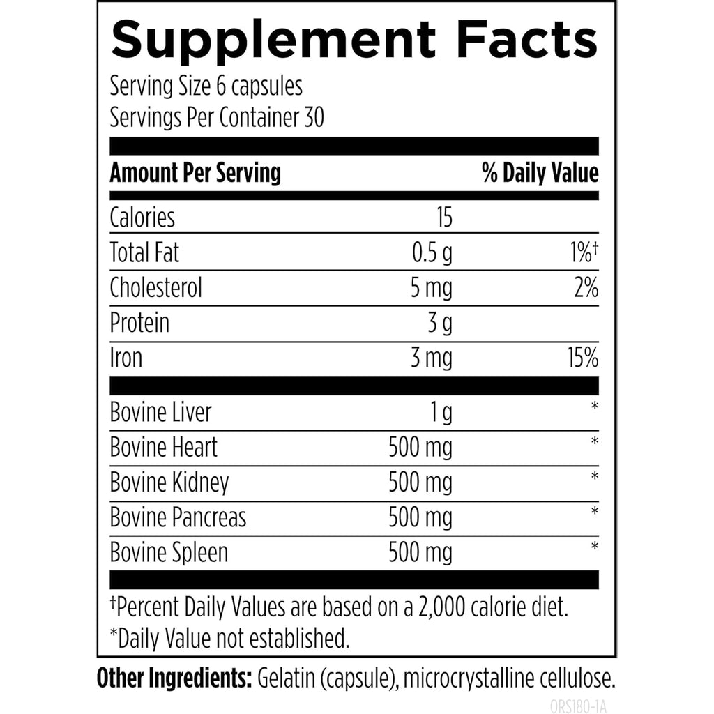 Designs for Health Organ Synergy - Bovine Organ Supplements - 100% Grassfed Beef Organs with Liver, Heart, Pancreas, Kidney + Spleen (180 Capsules / 30 Servings)
