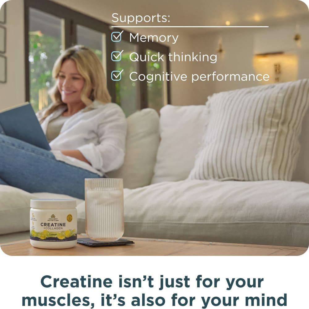 Ancient Nutrition Creatine + Collagen + Electrolytes – Muscle Strength, Lean Body Mass, Joint Comfort & Cognitive Support – Includes 5G Creatine Monohydrate for Women, Lemon (30 Servings)