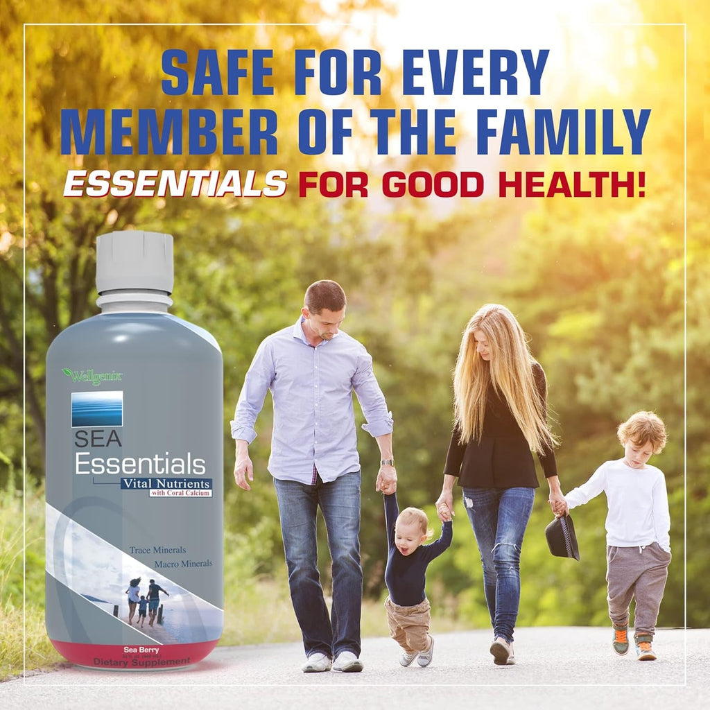 Wellgenix Sea Essentials Liquid Mineral Dietary Supplement with Trace and Macro Minerals and Coral Calcium – Sea Berry Flavor – 32 Fl Oz