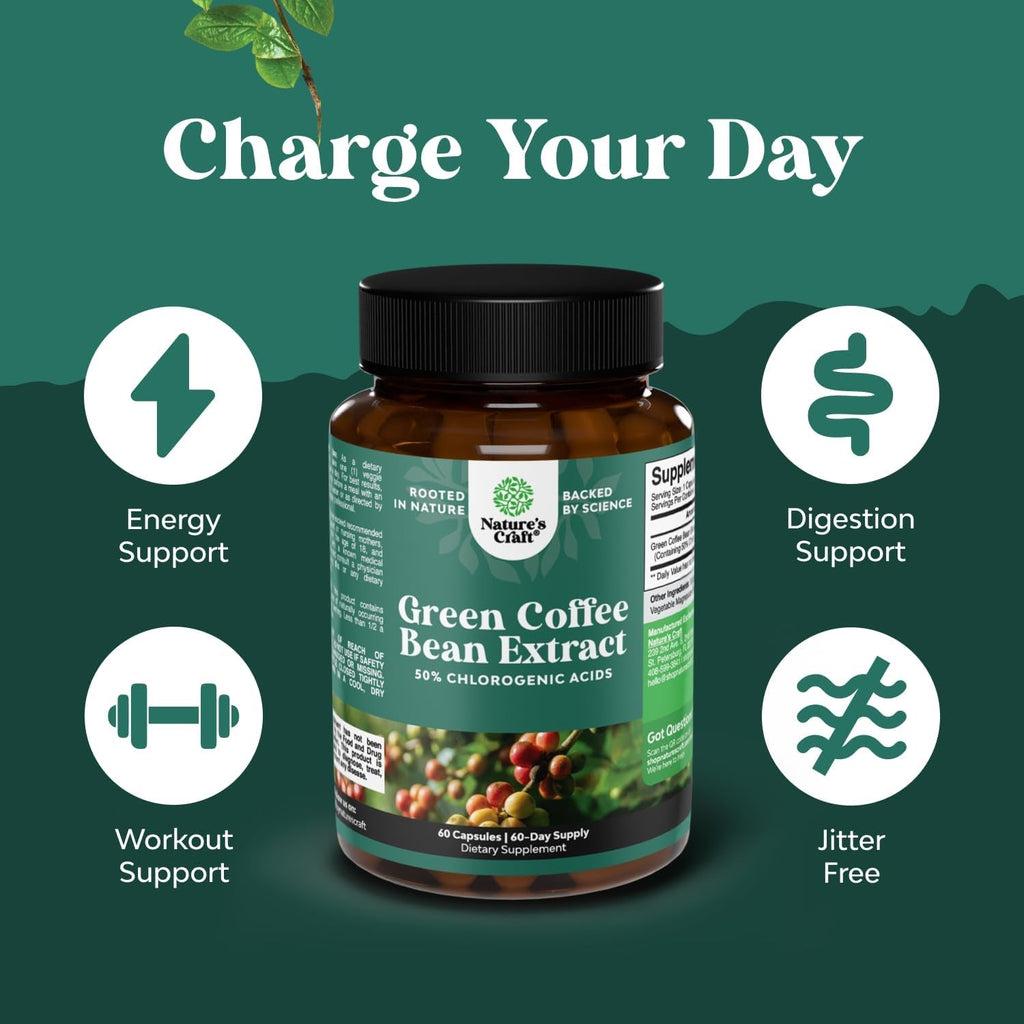 Green Coffee Bean Extract for Metabolism Support - Green Coffee Beans Chlorogenic Acid Supplement for Body Weight Maintenance & Diet Support - Herbal Capsules for Energy and Immune Help - 60 Count
