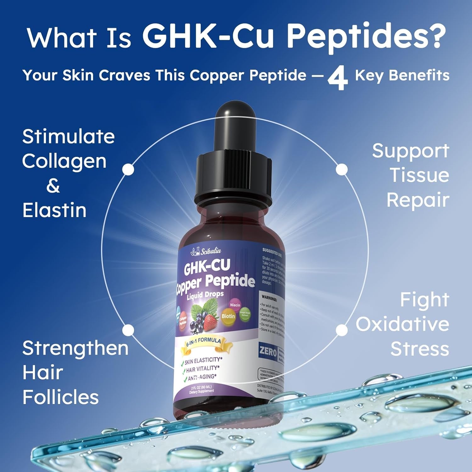 GHK-CU Peptide Supplement Liquid Drops, Premium 6-In-1 GHK CU Copper Peptides W. Marine Collagen Hyaluronic Acid Biotin for Anti-Aging, Skin Hair Growth Support, Oral Drops丨Women Men