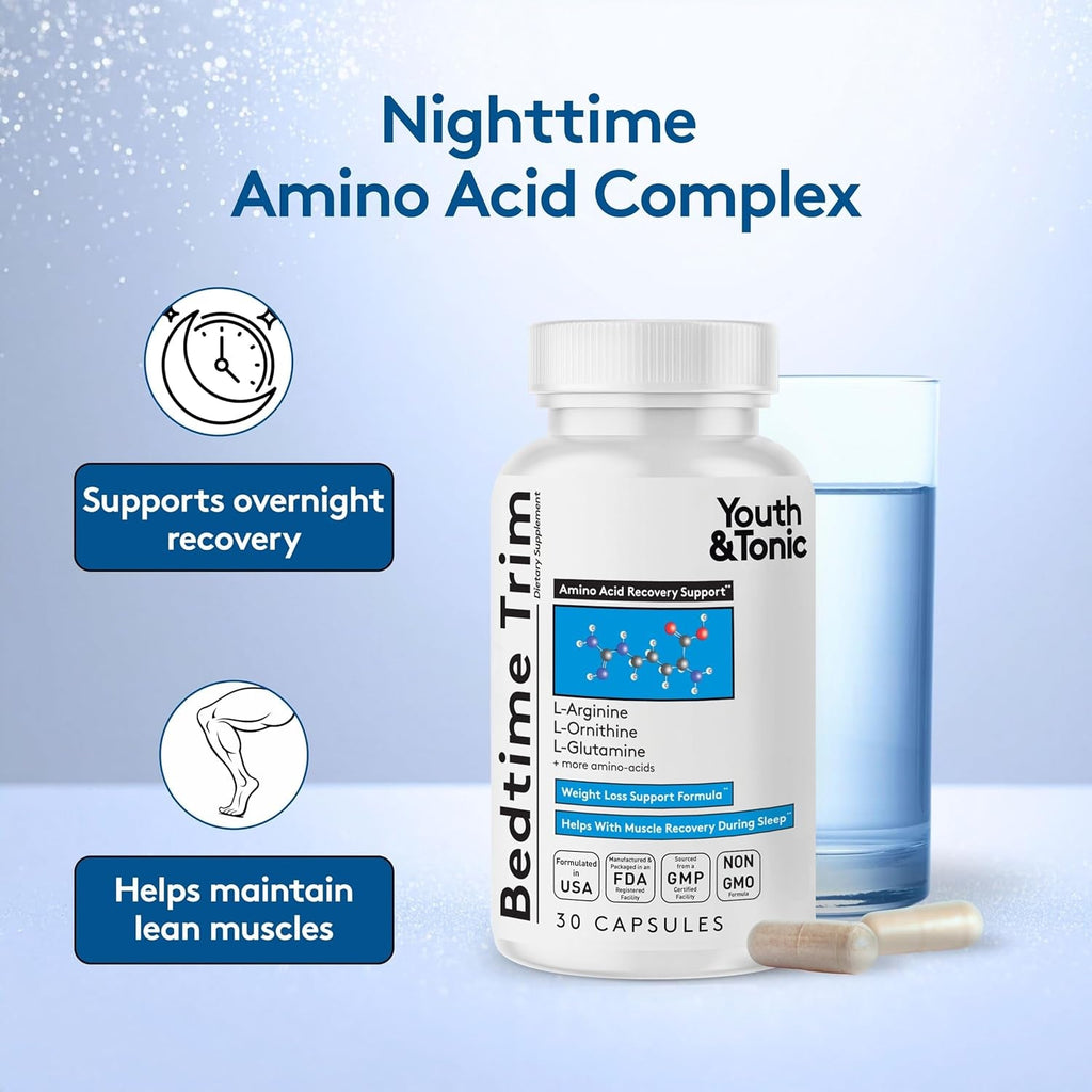 Youth & Tonic PM Bedtime Trim for Lean Appearance & Muscle Definition Support – Nighttime Amino Acids Supplement for Overnight Recovery, Men & Women, 30 Capsules