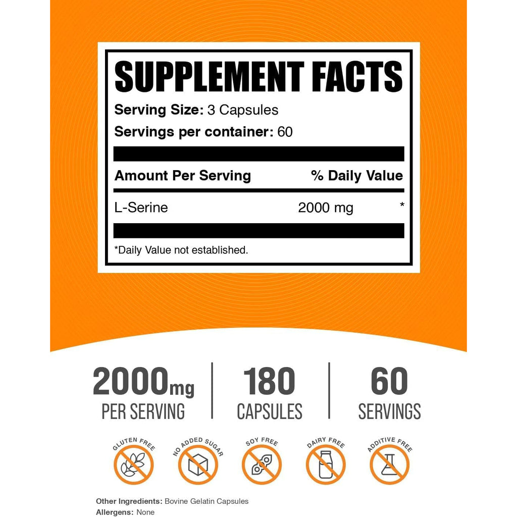 Bulksupplements.Com L-Serine Capsules - Serine Supplement, Amino Acids Supplement - Gluten Free, 3 Capsules per Serving, 180 Count (Pack of 1)