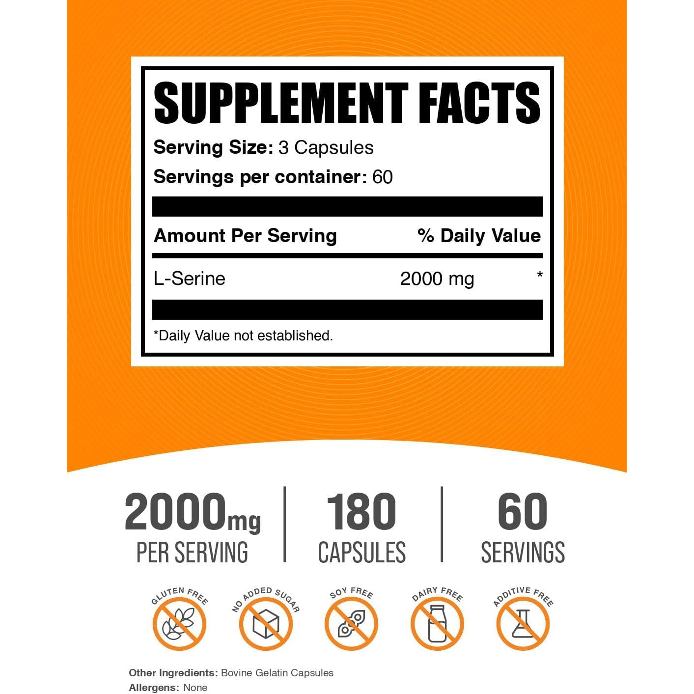 Bulksupplements.Com L-Serine Capsules - Serine Supplement, Amino Acids Supplement - Gluten Free, 3 Capsules per Serving, 180 Count (Pack of 1)