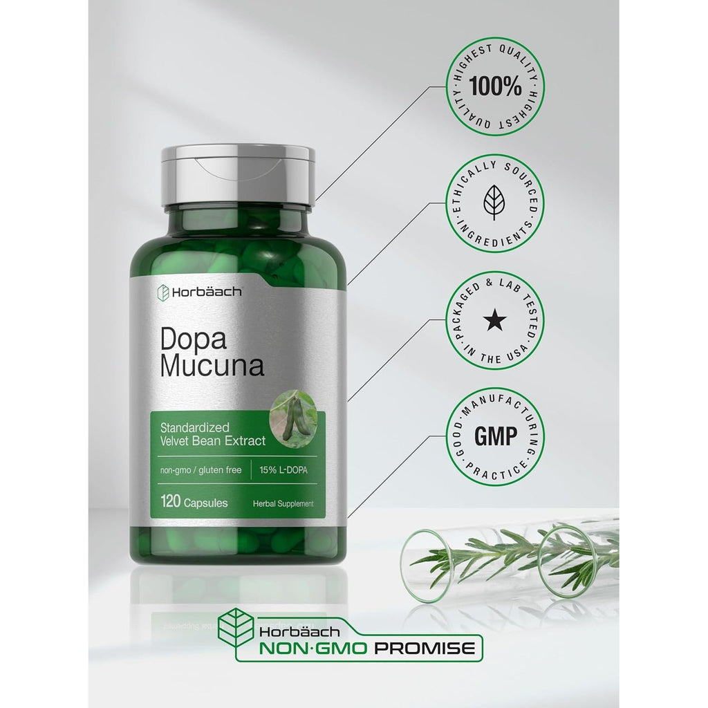Horbäach Dopa Mucuna Supplement | 120 Capsules | Velvet Bean Herbal Extract | 15% L-Dopa | Non-Gmo & Gluten Free