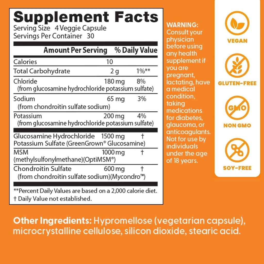 Doctor'S Best Vegan Glucosamine Chondroitin MSM - Joint Health Support Supplement for Women & Men, Nutritional Support for Joint Strength, Hair, Skin, & Nails, Gluten Free, Non GMO - 120 Veg Capsules