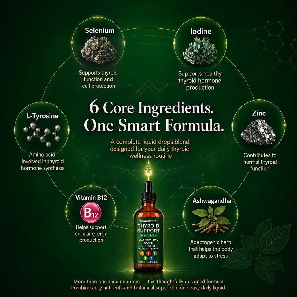 Thyroid Support Complex Liquid Drops for Women & Men - High Potency Iodine, Zinc, Selenium & Ashwagandha for Cortisol & Stress Relief - Natural Metabolism & Energy Booster - 4 Oz (120Ml)