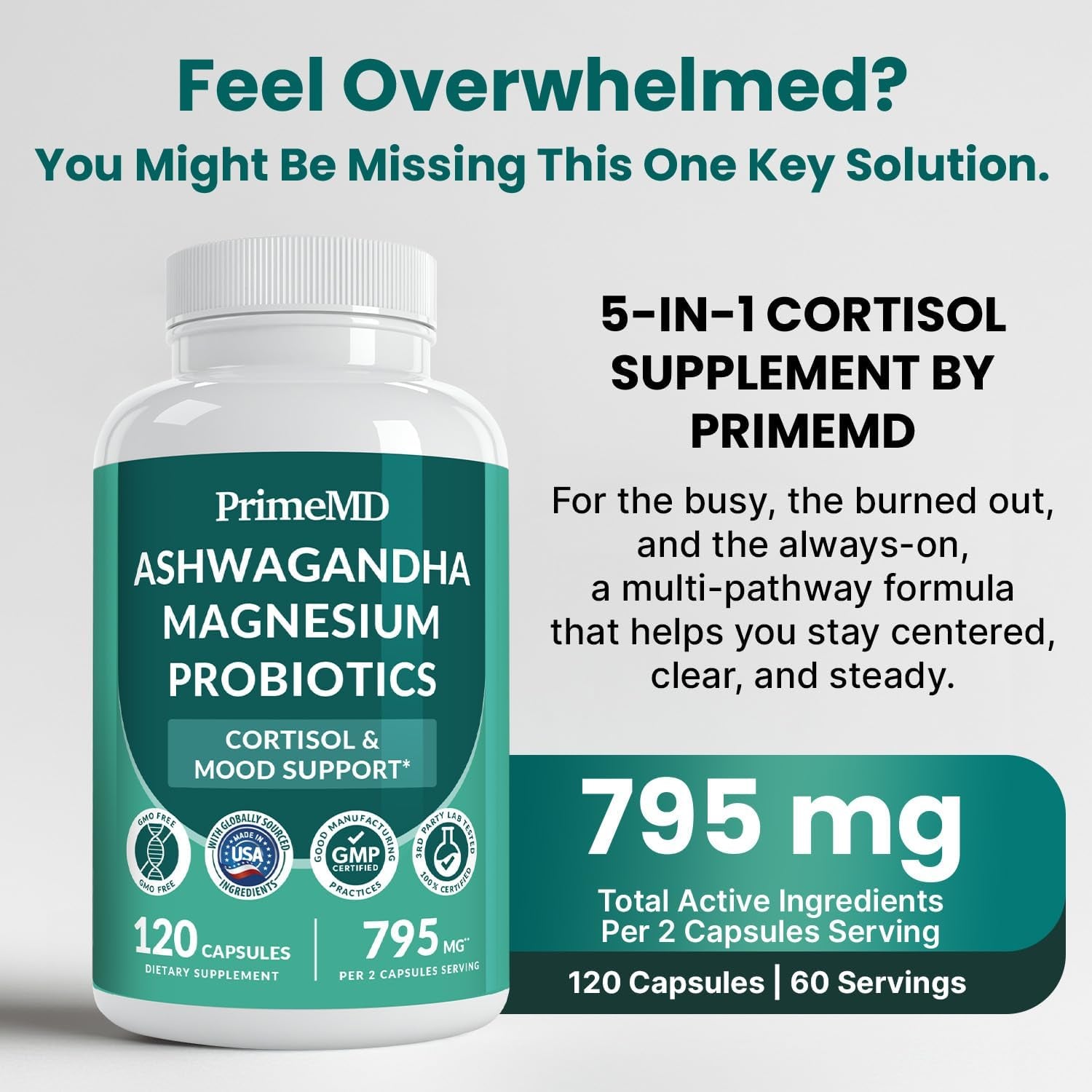 5-In-1 Cortisol Supplement for Women and Men with Ashwagandha for Calmness, Focus, and Adrenal Support Supplements with Shilajit Extract, Magnesium Glycinate, Probiotics (120 Ct) (Pack of 1)