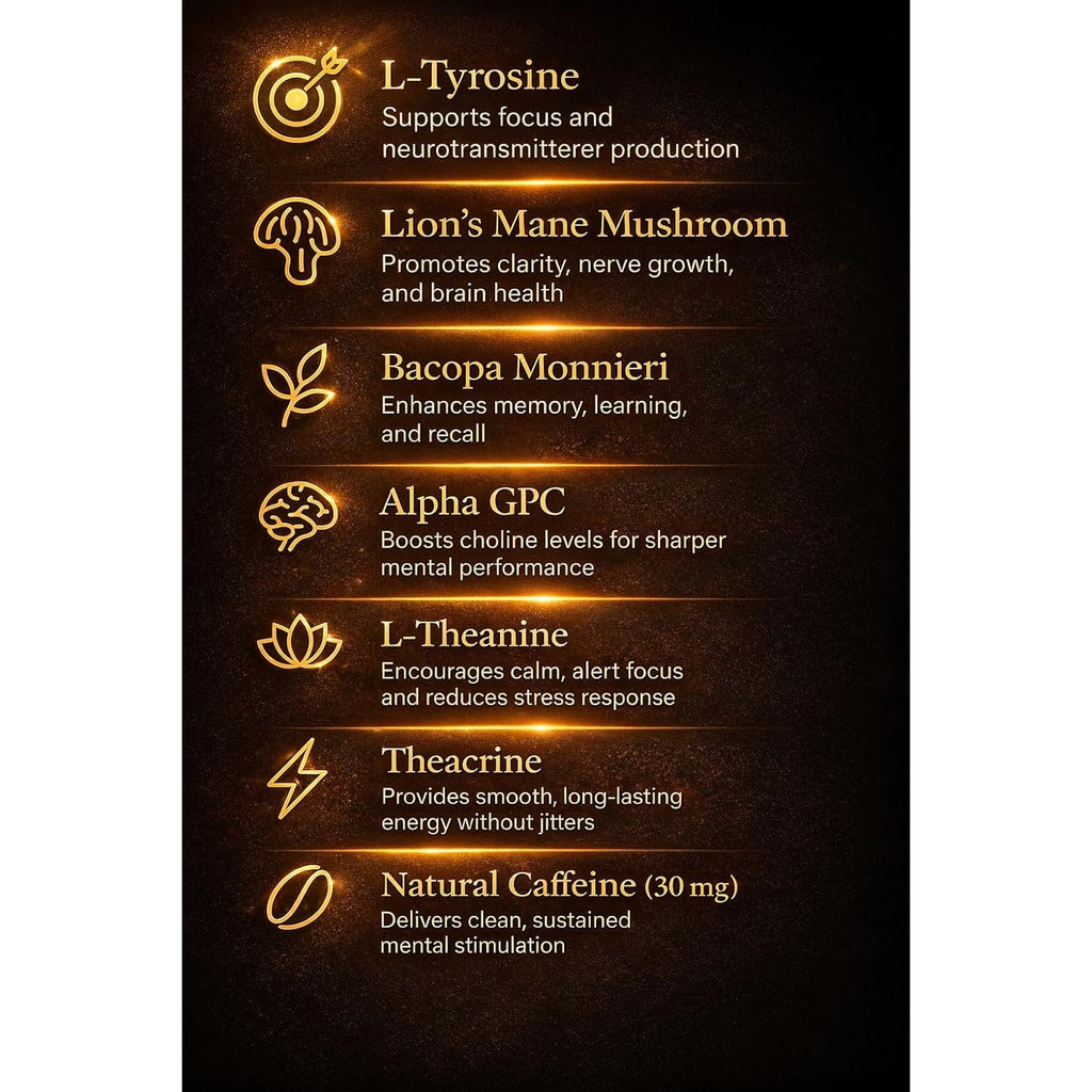 Best Brain Supplement for Memory and Focus - L-Theanine, Lion'S Main, Vitamin B6, B12, D3, Folate, L-Tyrosine, Bacopa Monnieri, Alpha GPC, Theacrine, 30Mg of Natural Caffeine (60 Count)