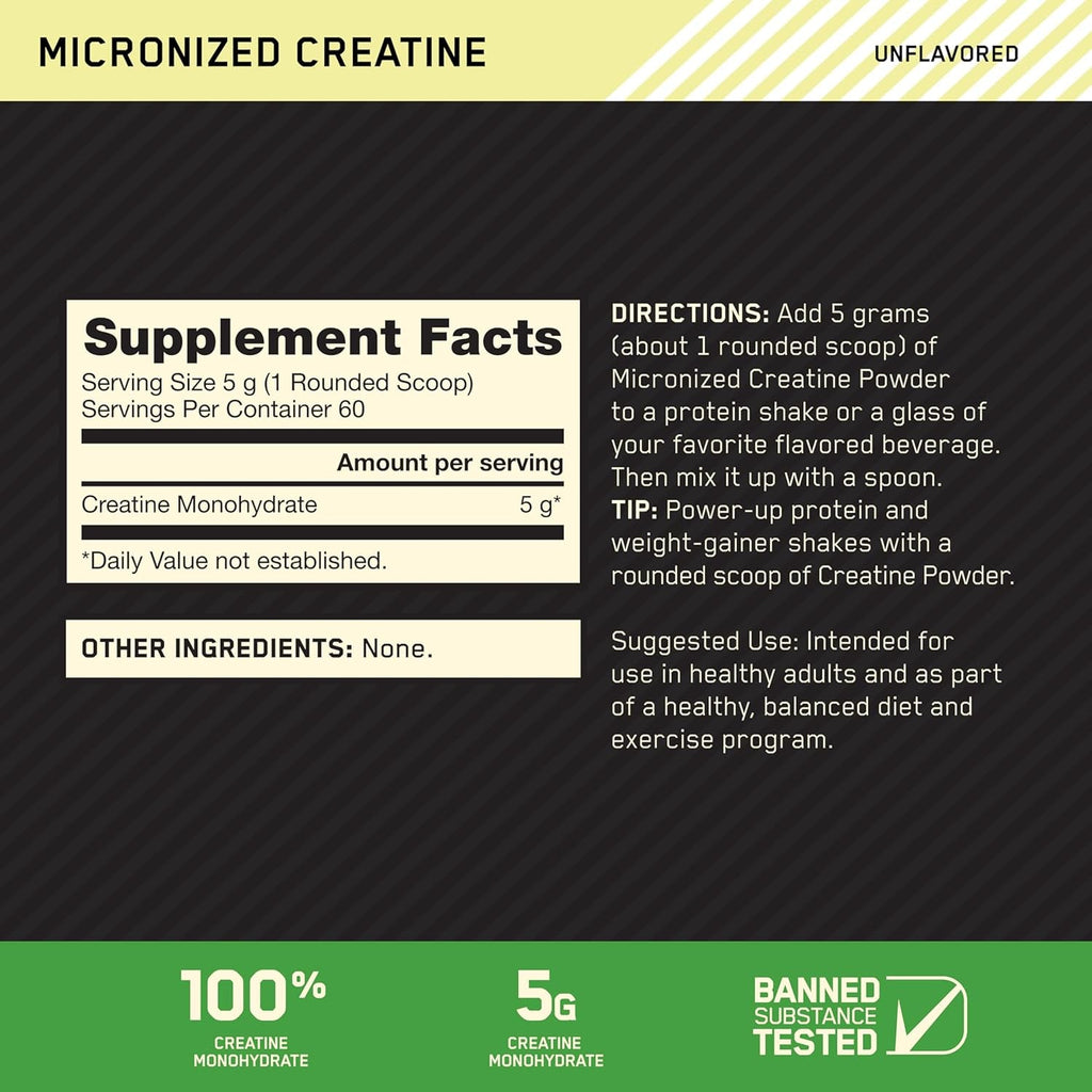 Optimum Nutrition Micronized Creatine Monohydrate Powder, Unflavored, 60 Servings, 300 Grams (Packaging May Vary)