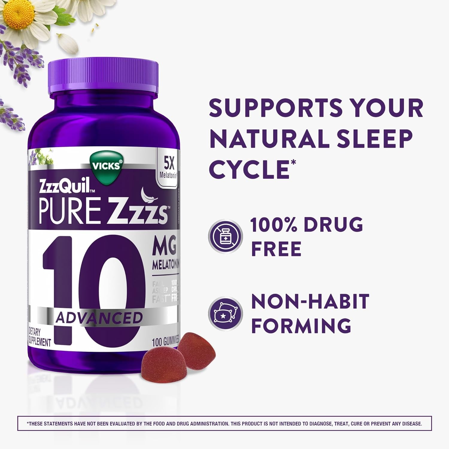 Zzzquil Pure Zzzs Advanced Melatonin Gummies, Melatonin 10Mg, Sleep Aid, with Chamomile & Lavender, Melatonin Sleep Gummies, Sleep Aids for Adults, Berry Flavored, 100 Sleep Gummies