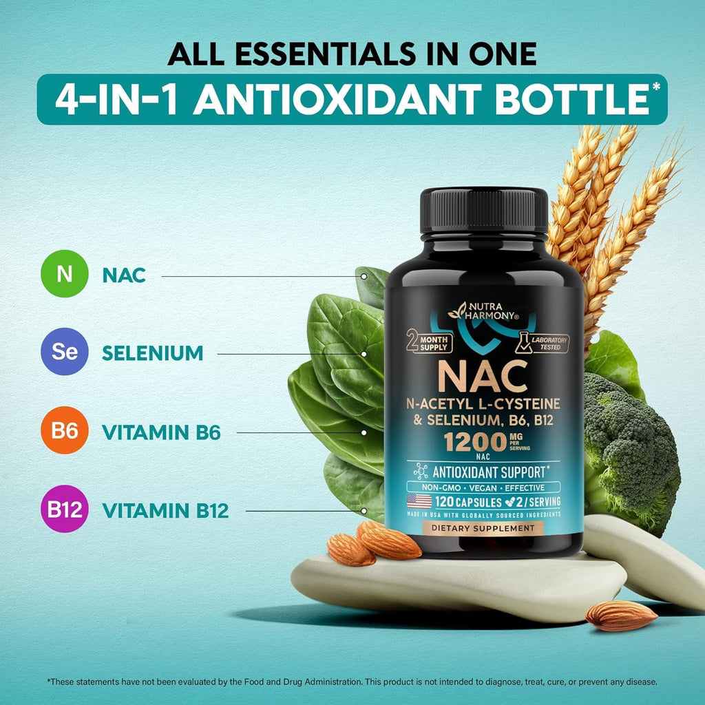 NAC Supplement | Selenium | B6 | B12 - Antioxidant, Immune Support - N Acetyl Cysteine 600 Mg per Capsule, 1200 Mg per Serving - Lab Tested - Non-Gmo, Gluten-Free, Vegan - 120 Caps, 2 Month Supply