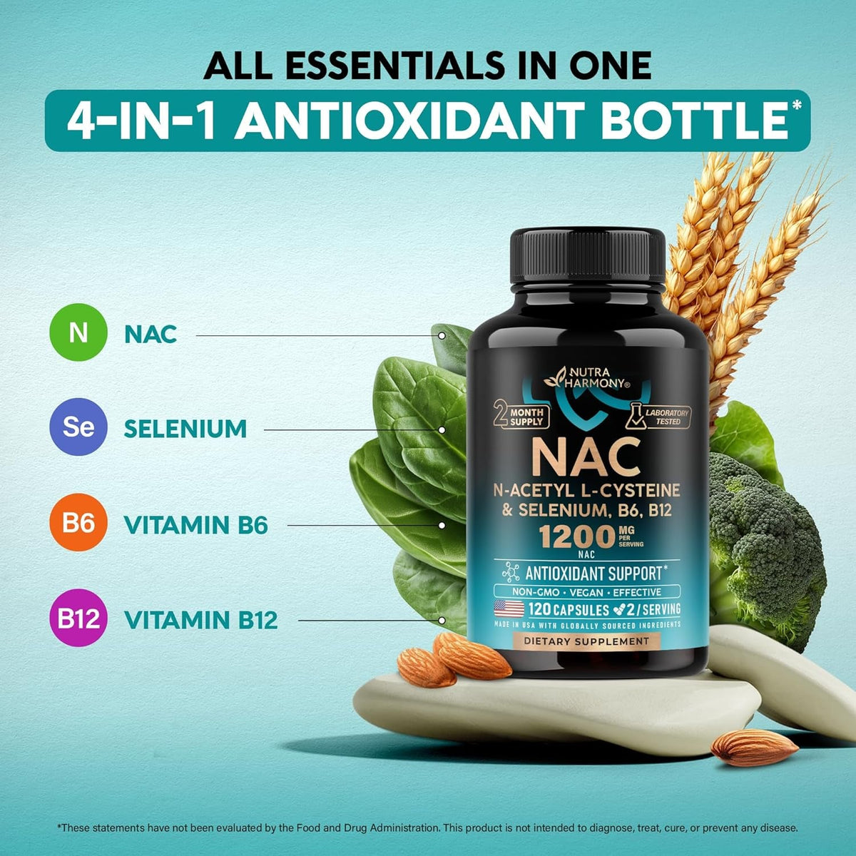 NAC Supplement | Selenium | B6 | B12 - Antioxidant, Immune Support - N Acetyl Cysteine 600 Mg per Capsule, 1200 Mg per Serving - Lab Tested - Non-Gmo, Gluten-Free, Vegan - 120 Caps, 2 Month Supply
