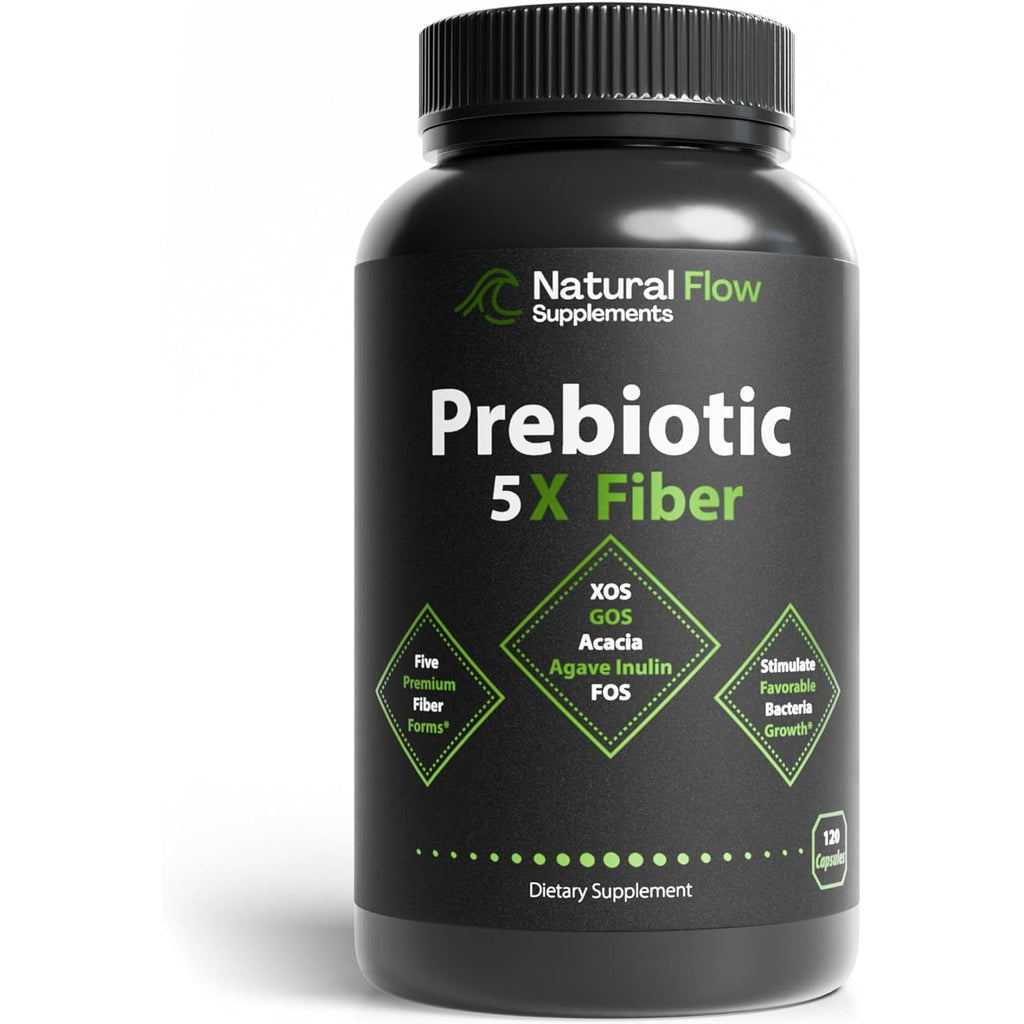 Prebiotic Fiber Supplement 5-In-1 Capsules - Natural Flow 5X Fiber XOS, GOS, FOS, Acacia and Agave Inulin, Daily Soluble Fiber Formula for Gut Support and Boost Good Bacteria Diversity, 120 Caps