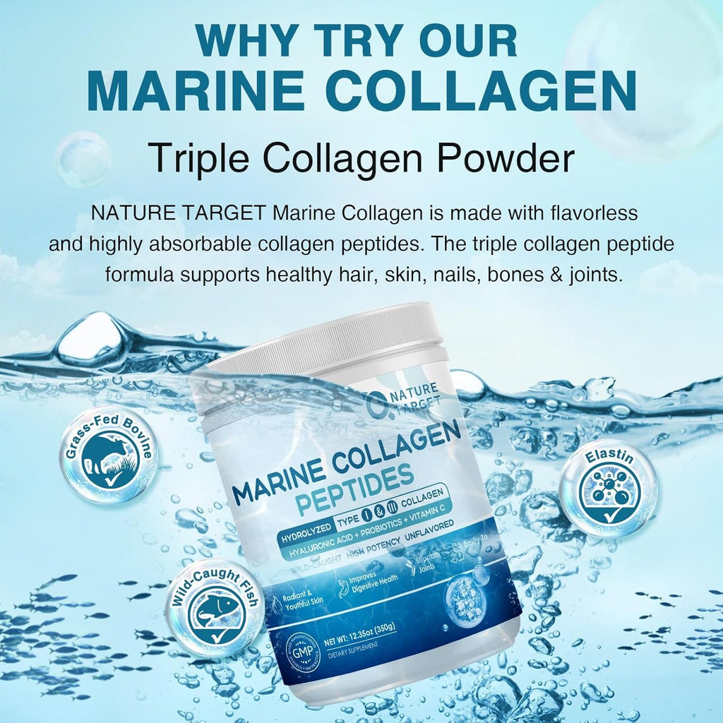 NATURE TARGET Marine Collagen Peptides Powder - Type I & III Collagen with Probiotics, Vitamin C & Hyaluronic Acid for Skin, Hair, Nails, Wild-Caught Fish & Grass-Fed Bovine, 35 Servings