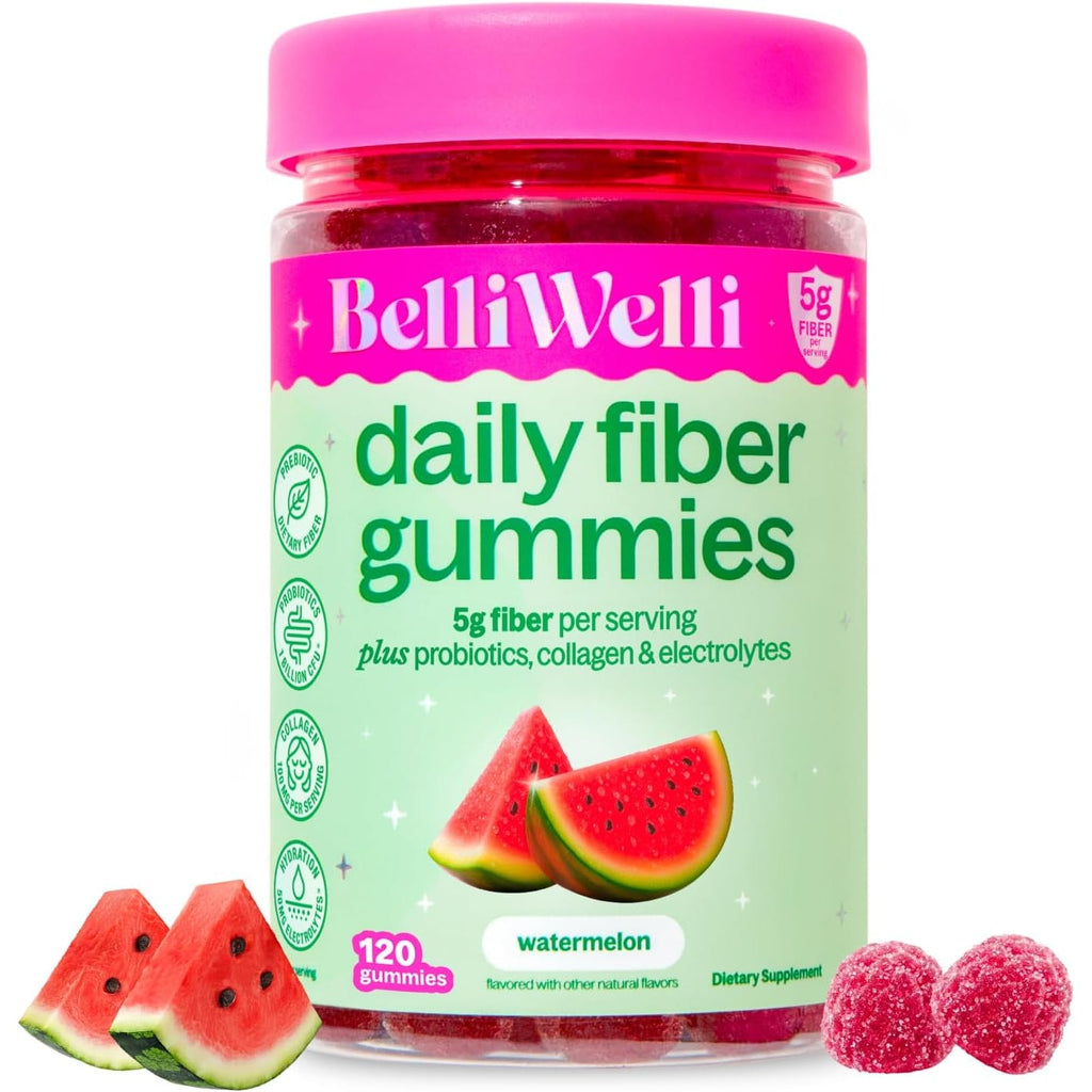 Belli Welli Fiber 4-In-1 Fiber Gummies Supplement with Added Probiotics, Collagen and Electrolytes for Regularity and Bloat Relief, Watermelon, 120 Count