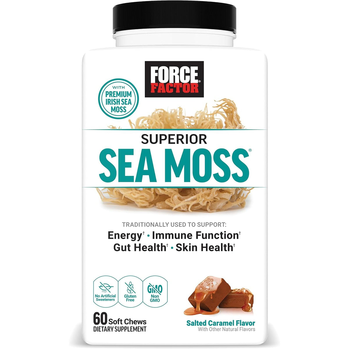 Force Factor Superior Sea Moss, Premium Irish Sea Moss to Support Energy, Immune Function, Gut Health, & Skin Health, Non-Gmo, Gluten Free, Salted Caramel Flavor, 60 Soft Chews